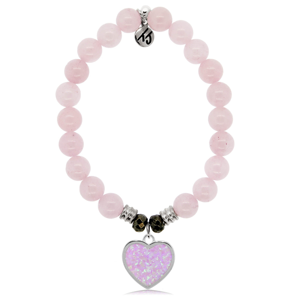 Rose Quartz Stone Bracelet with Pink Opal Heart Sterling Silver Charm