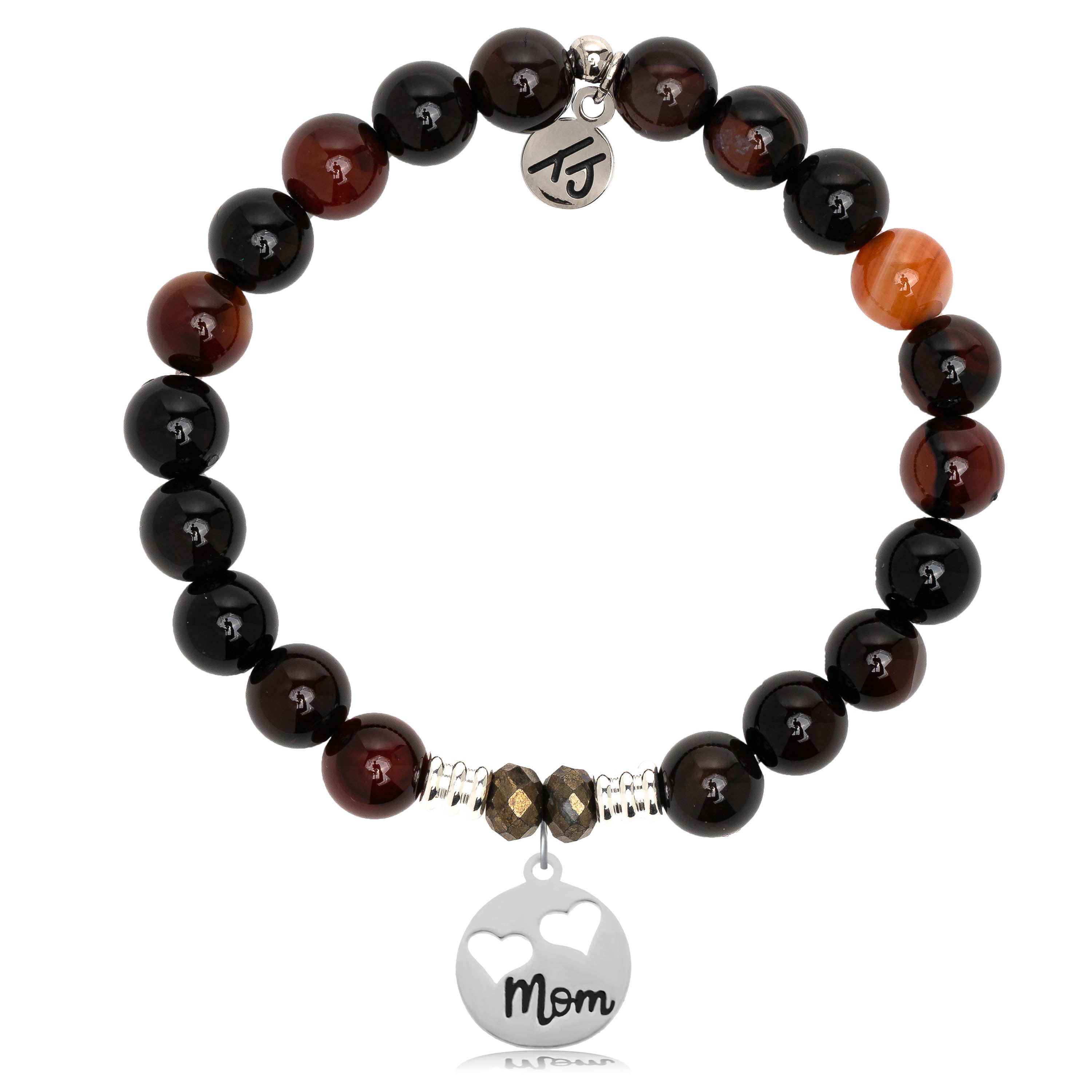 Sardonyx Stone Bracelet with Mom Hearts Sterling Silver Charm