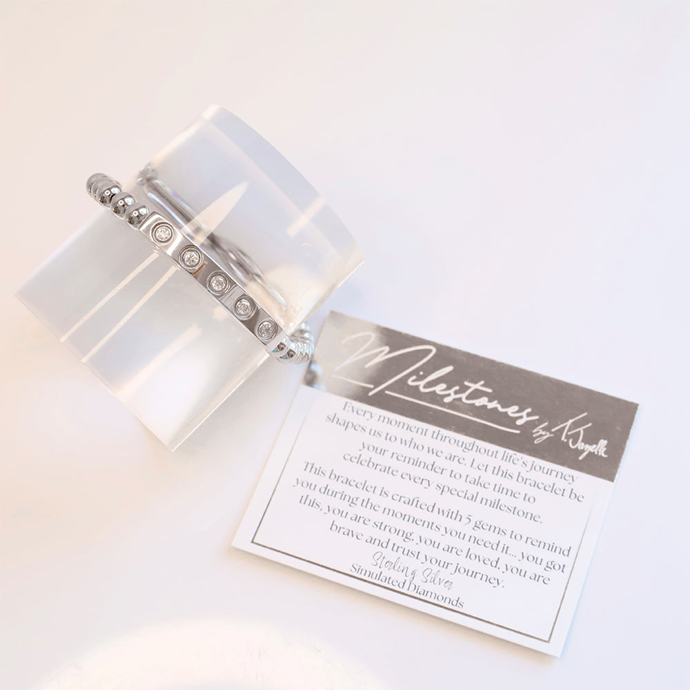 Silver Milestone Bracelet - Silver Steel with White Milestone Gem Bar