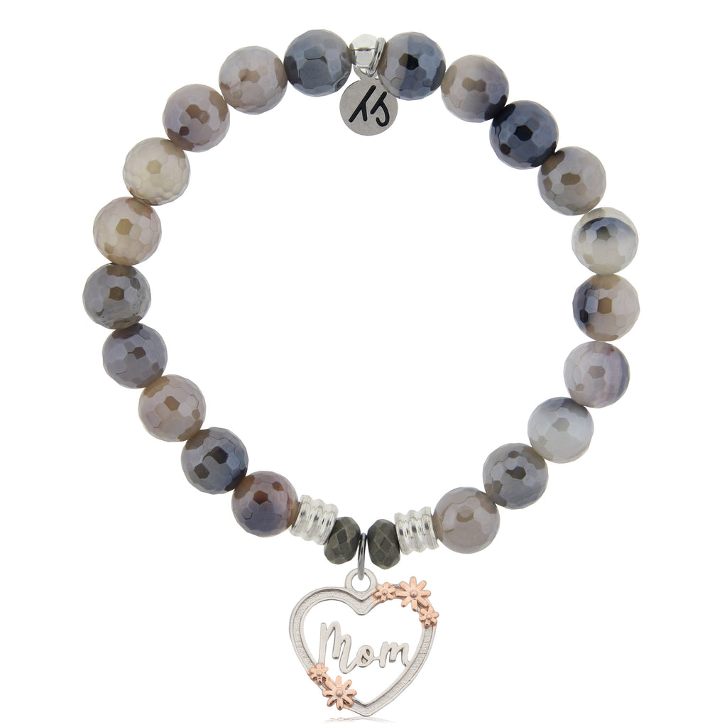 Storm Agate Stone Bracelet with Heart Mom Sterling Silver Charm