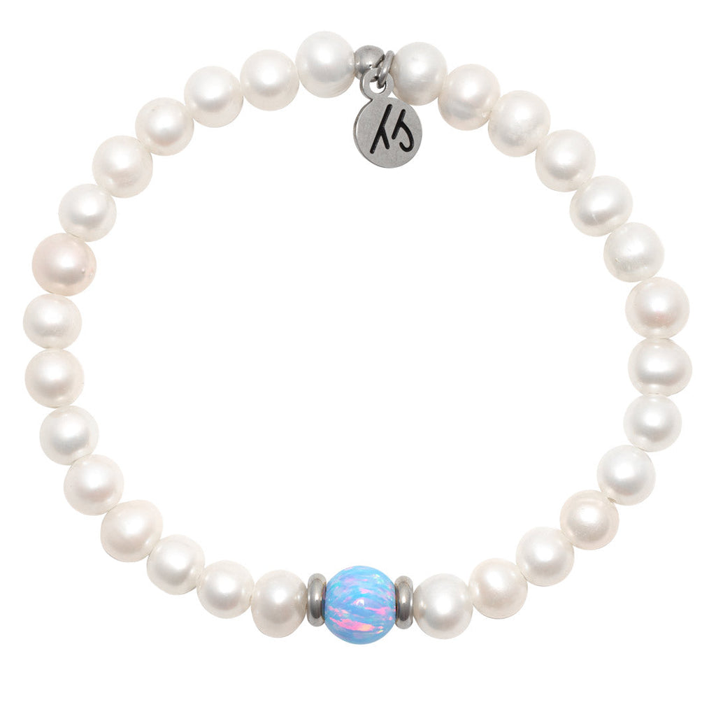 The Cape Bracelet- Pearl with Denim Blue Opal Ball