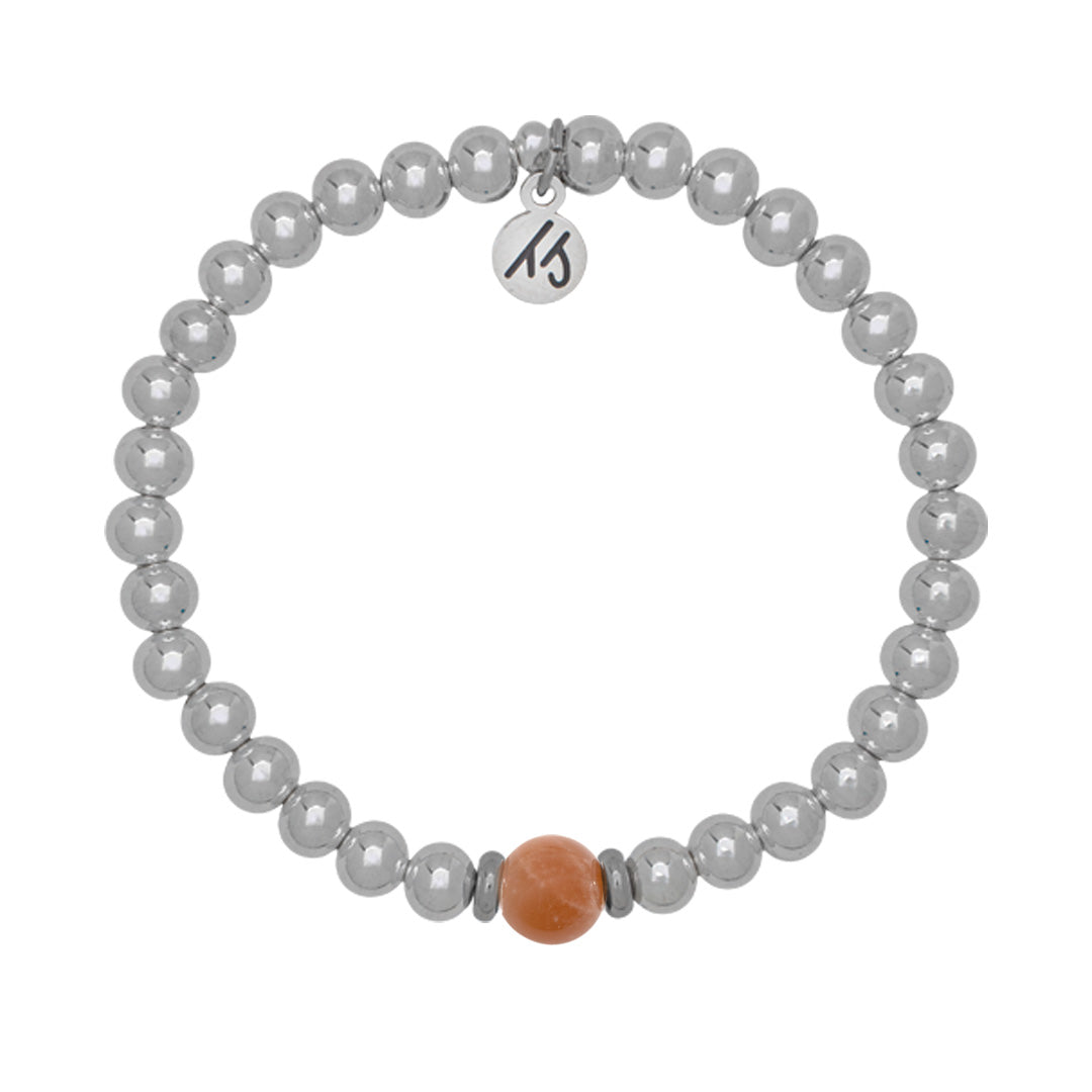 The Cape Bracelet - Silver Steel with Peach Moonstone Ball