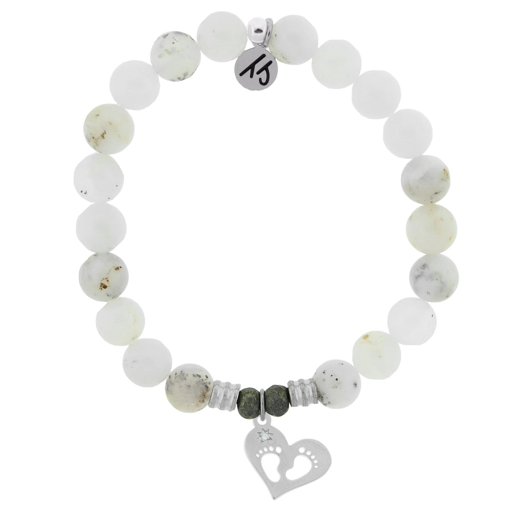 White Chalcedony Stone Bracelet with Baby Feet Sterling Silver Charm