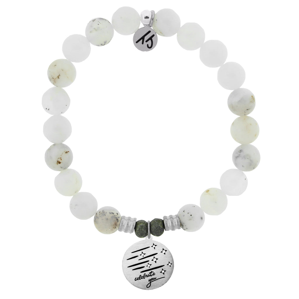 White Chalcedony Stone Bracelet with Birthday Wishes Sterling Silver Charm