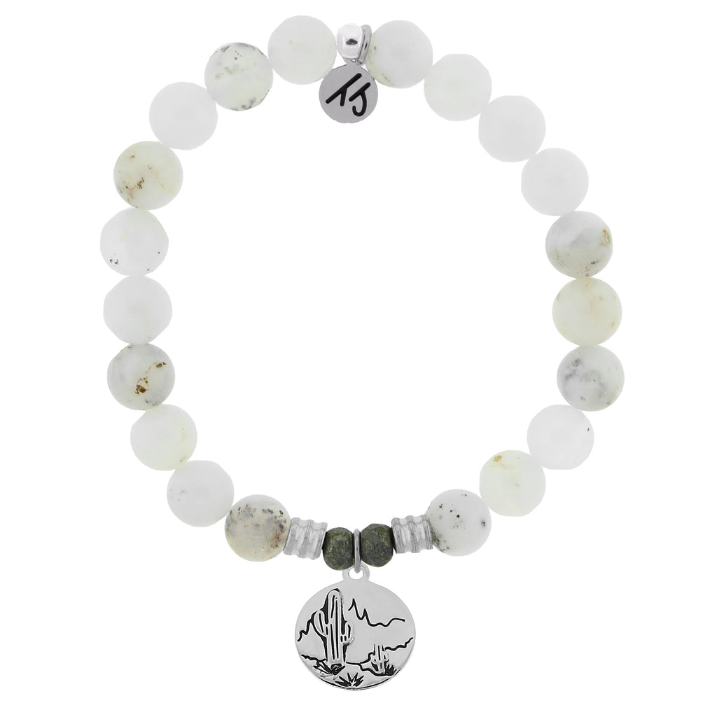 White Chalcedony Stone Bracelet with Cactus Sterling Silver Charm