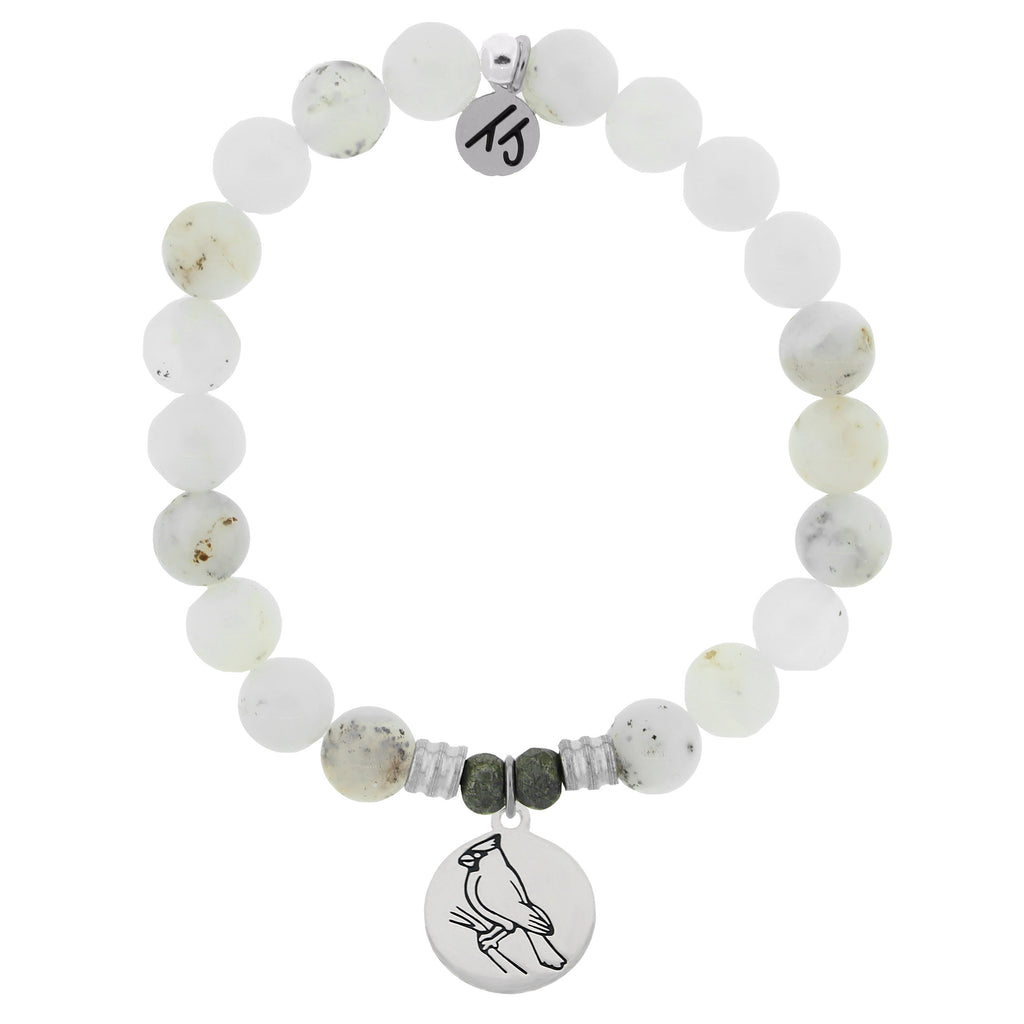 White Chalcedony Stone Bracelet with Cardinal Sterling Silver Charm