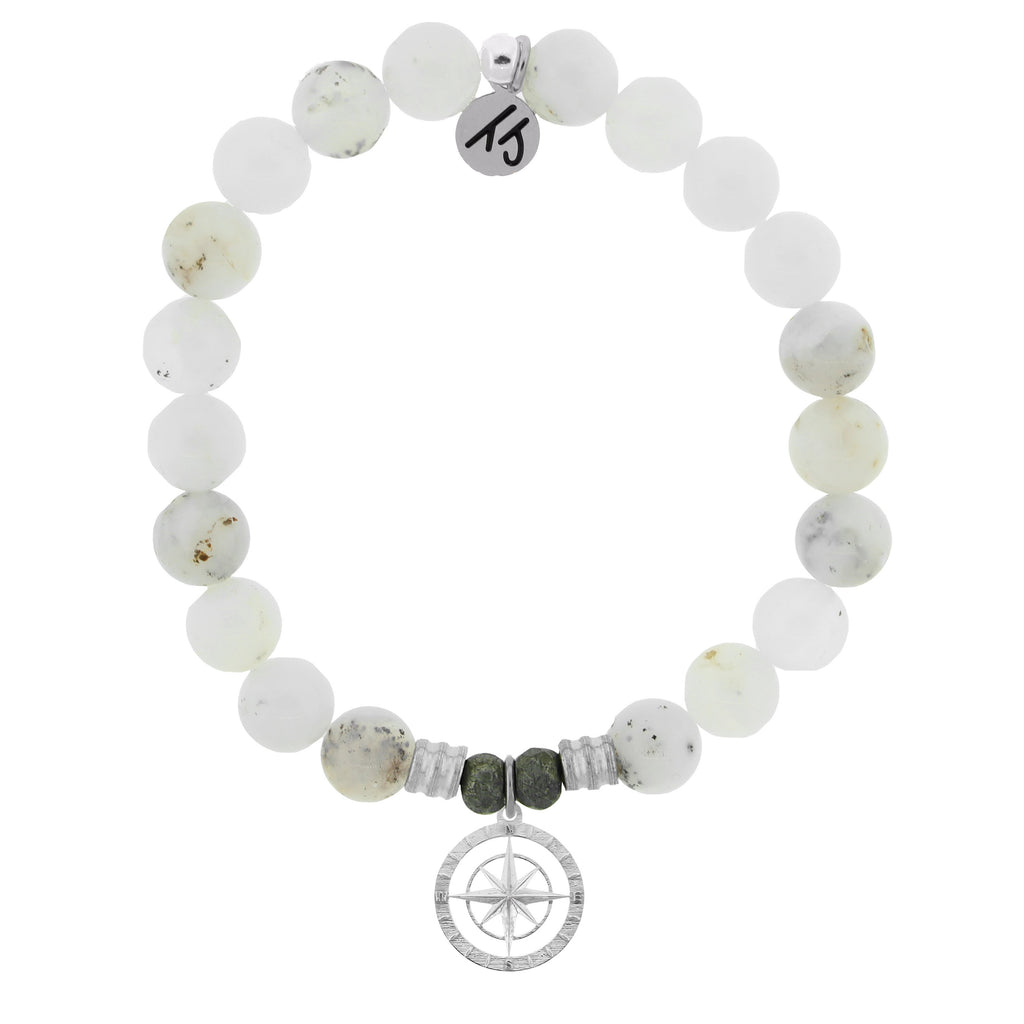 White Chalcedony Stone Bracelet with Compass Rose Sterling Silver Charm