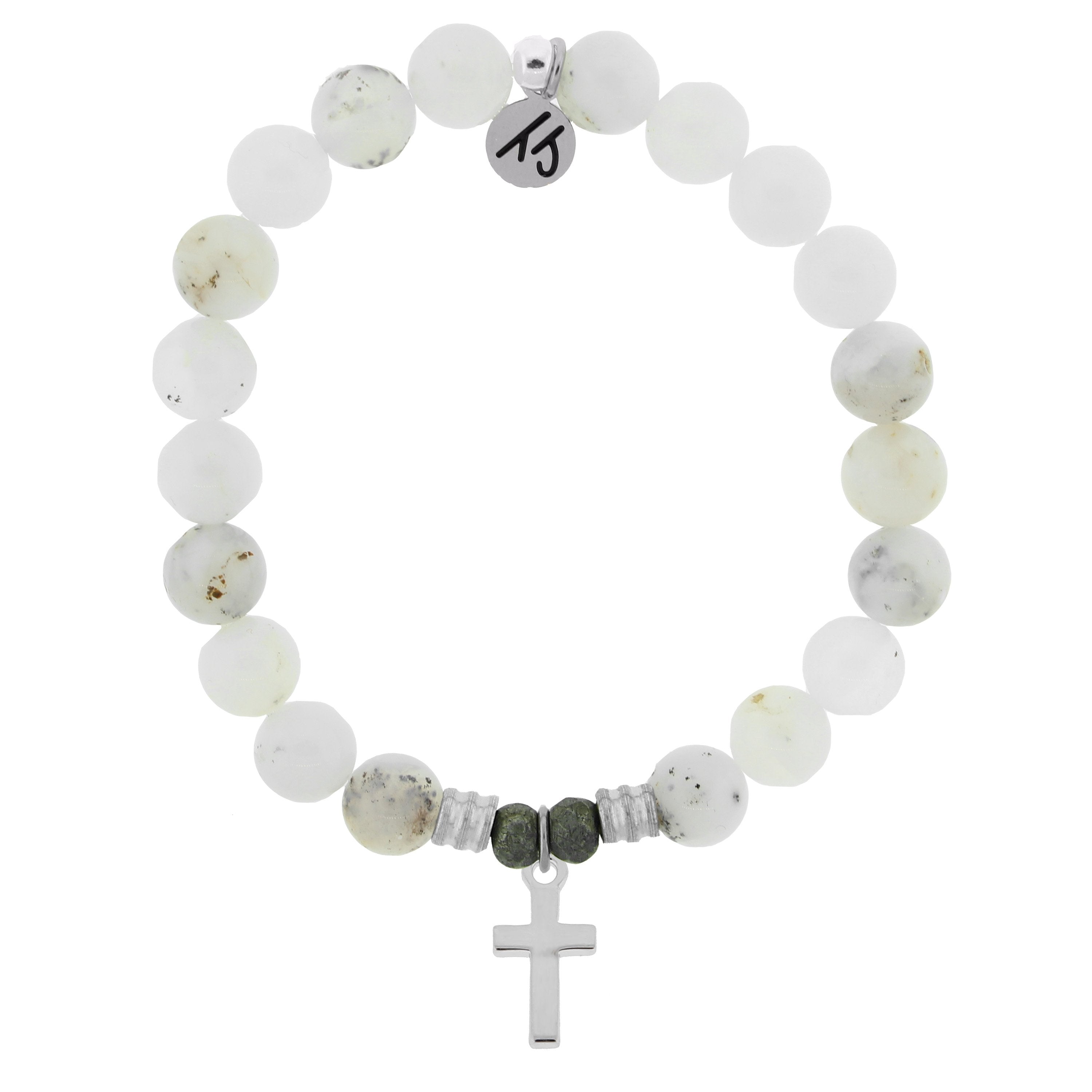 White Chalcedony Stone Bracelet with Cross Sterling Silver Charm