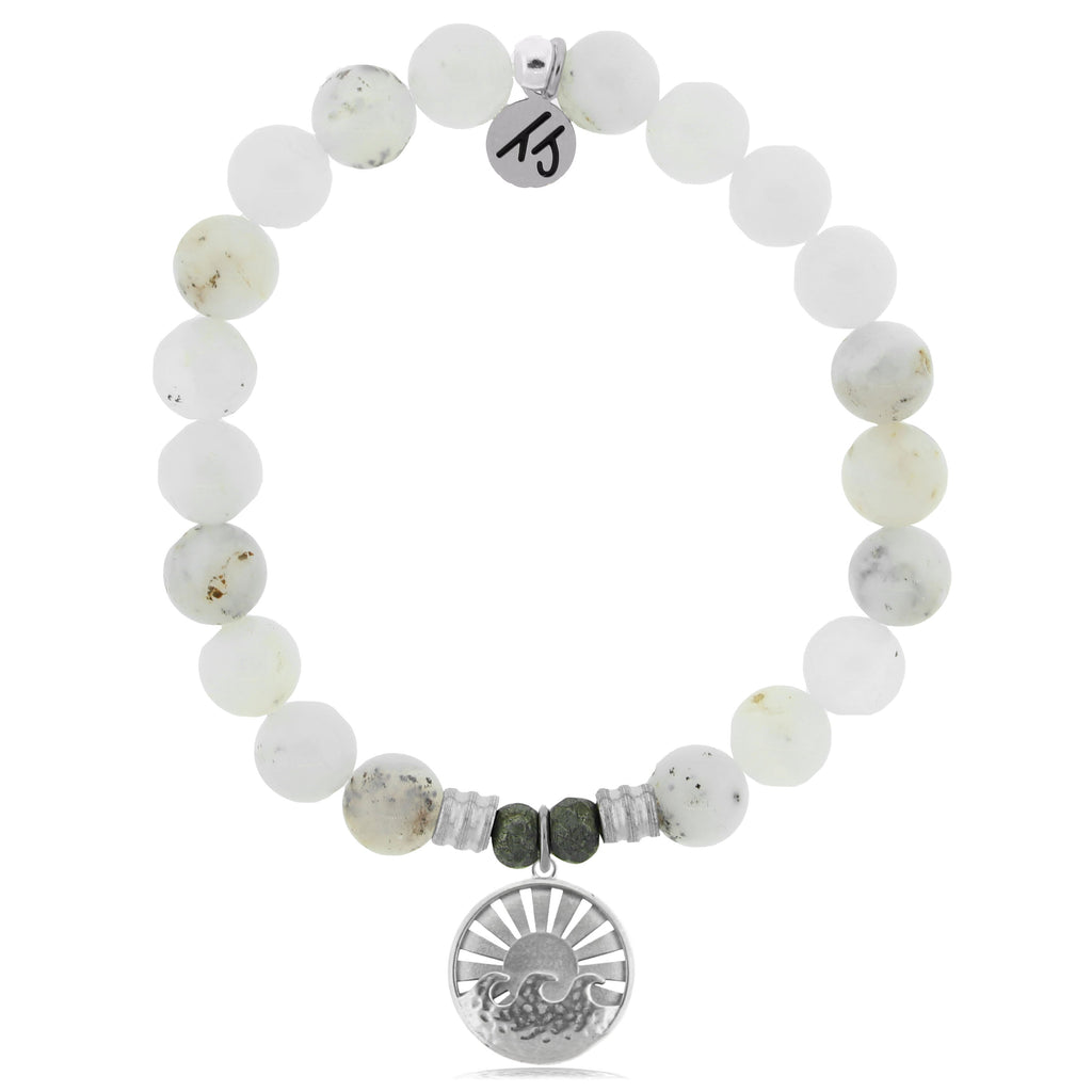 White Chalcedony Stone Bracelet with Go with the Waves Sterling Silver Charm