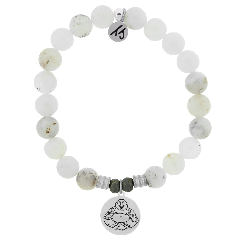 White Chalcedony Stone Bracelet with Happy Buddha Sterling Silver Charm