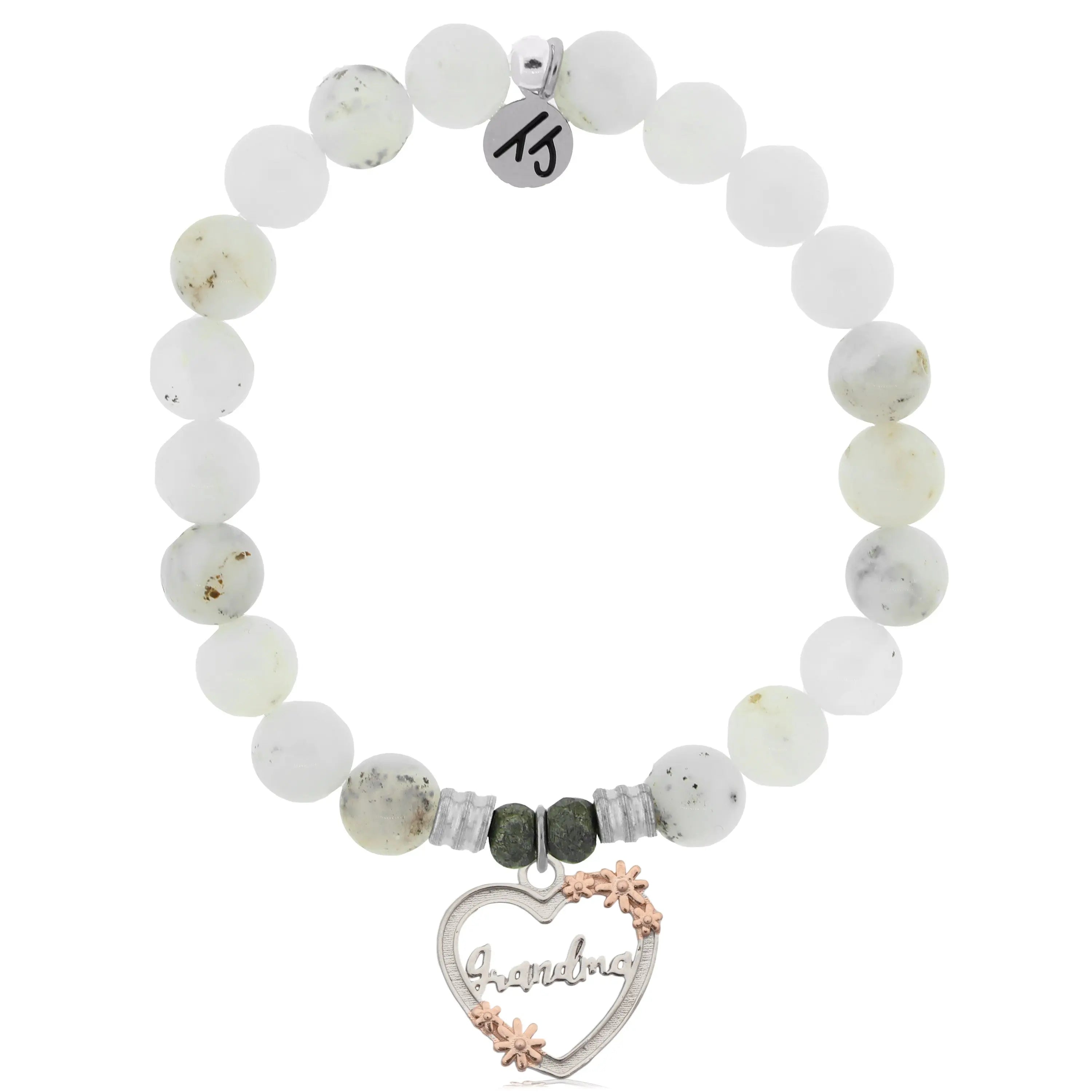 White Chalcedony Stone Bracelet with Heart Grandma Sterling Silver Charm T. Jazelle