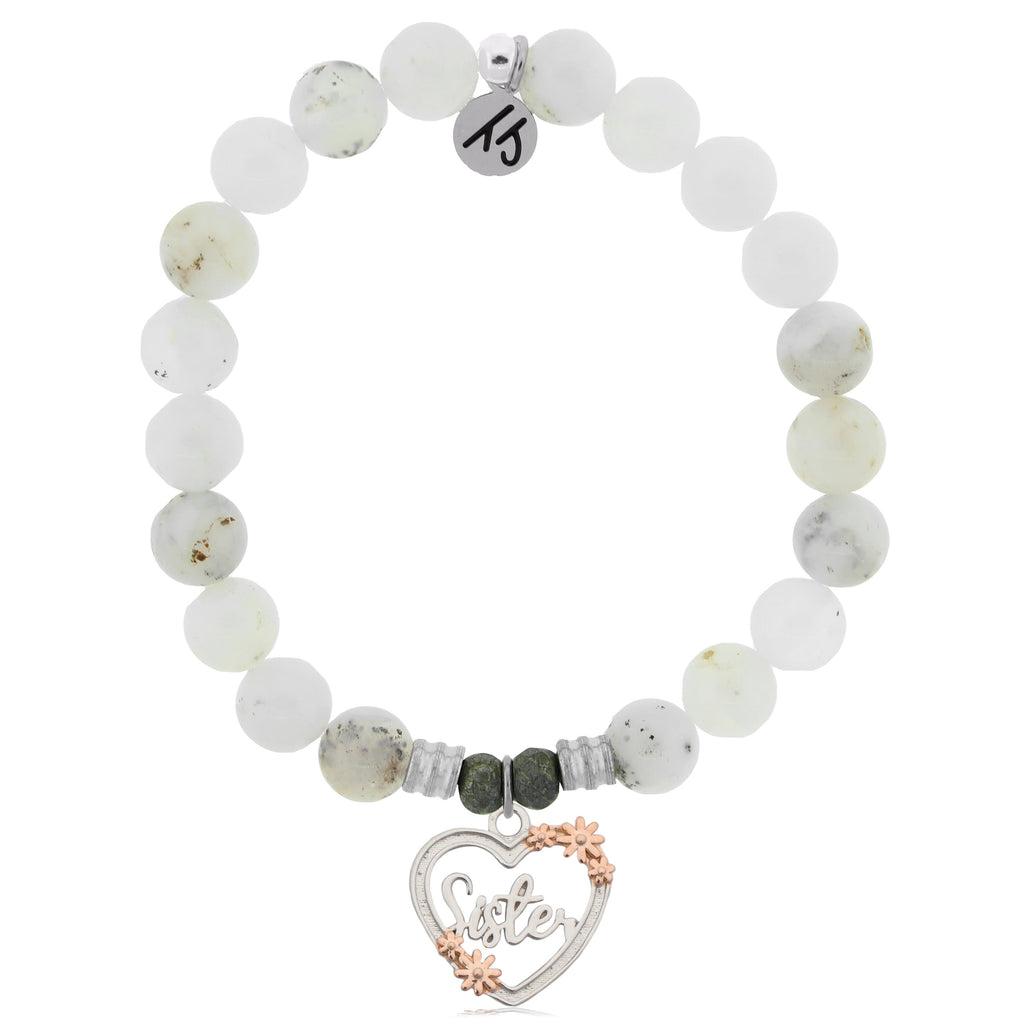 White Chalcedony Stone Bracelet with Heart Sister Sterling Silver Charm