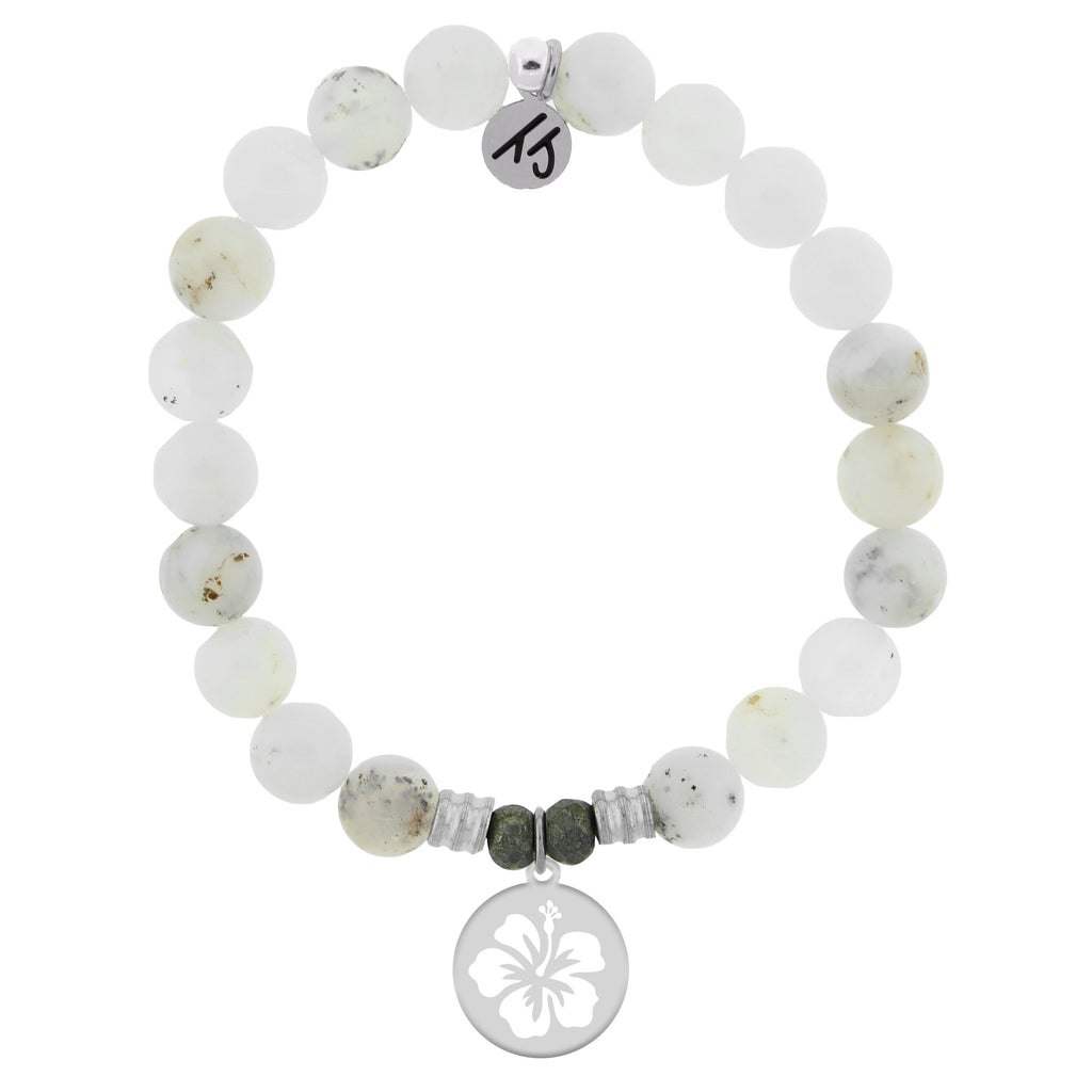 White Chalcedony Stone Bracelet with Hibiscus Flower Sterling Silver Charm