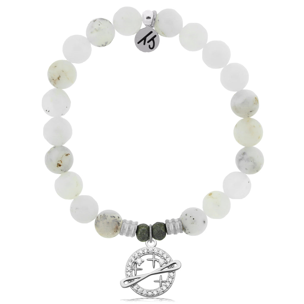 White Chalcedony Stone Bracelet with Infinity and Beyond Sterling Silver Charm