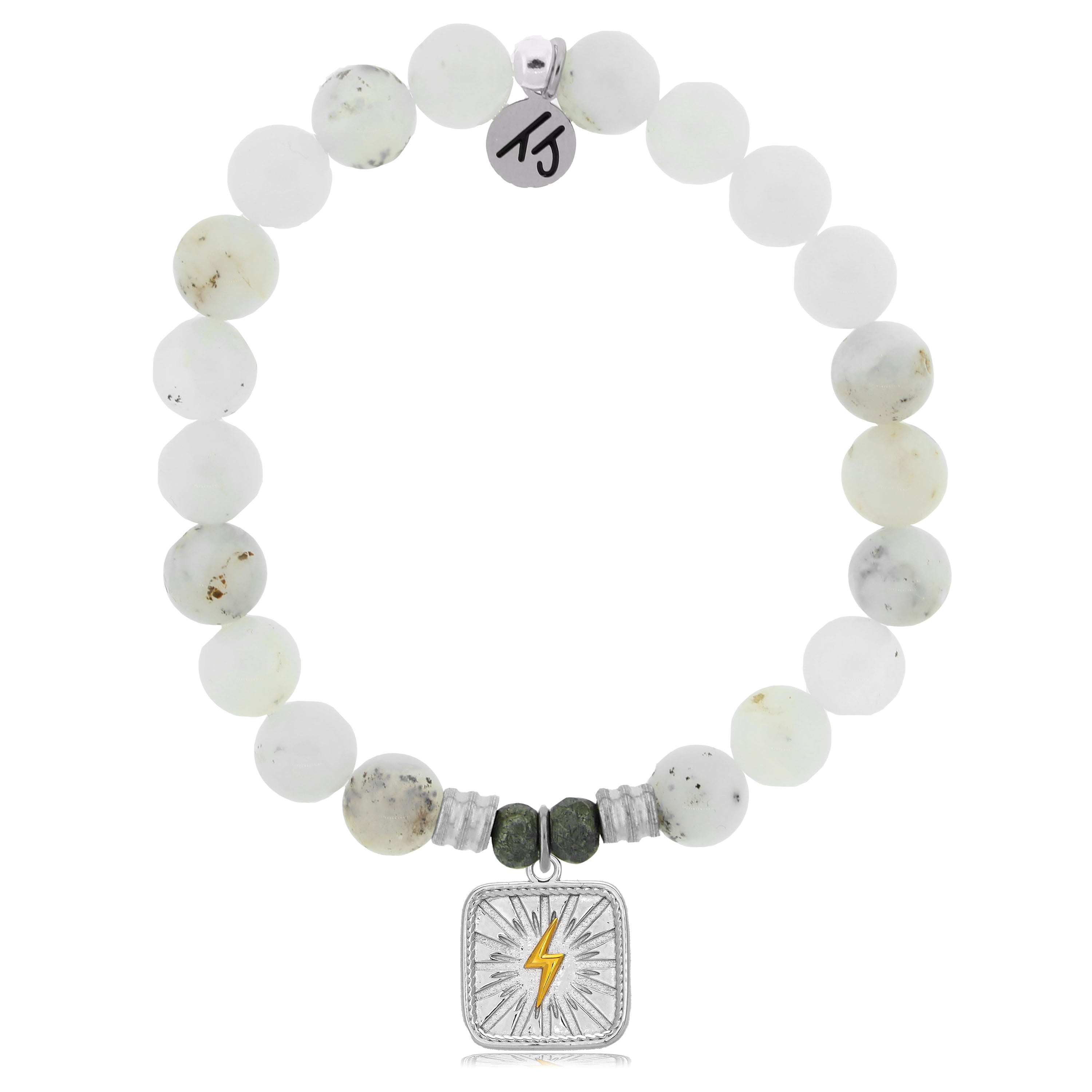 White Chalcedony Stone Bracelet with Lightning Bolt Sterling Silver Charm