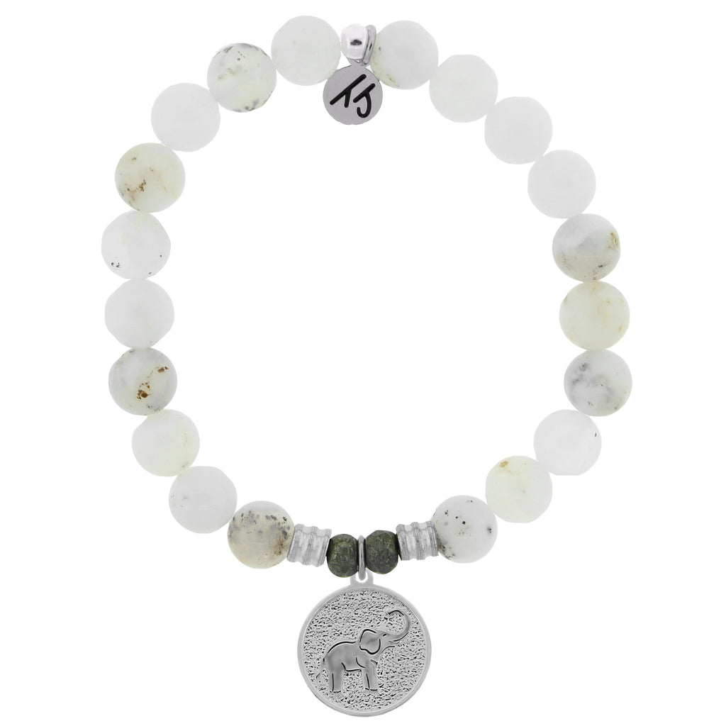 White Chalcedony Stone Bracelet with Lucky Elephant Sterling Silver Charm