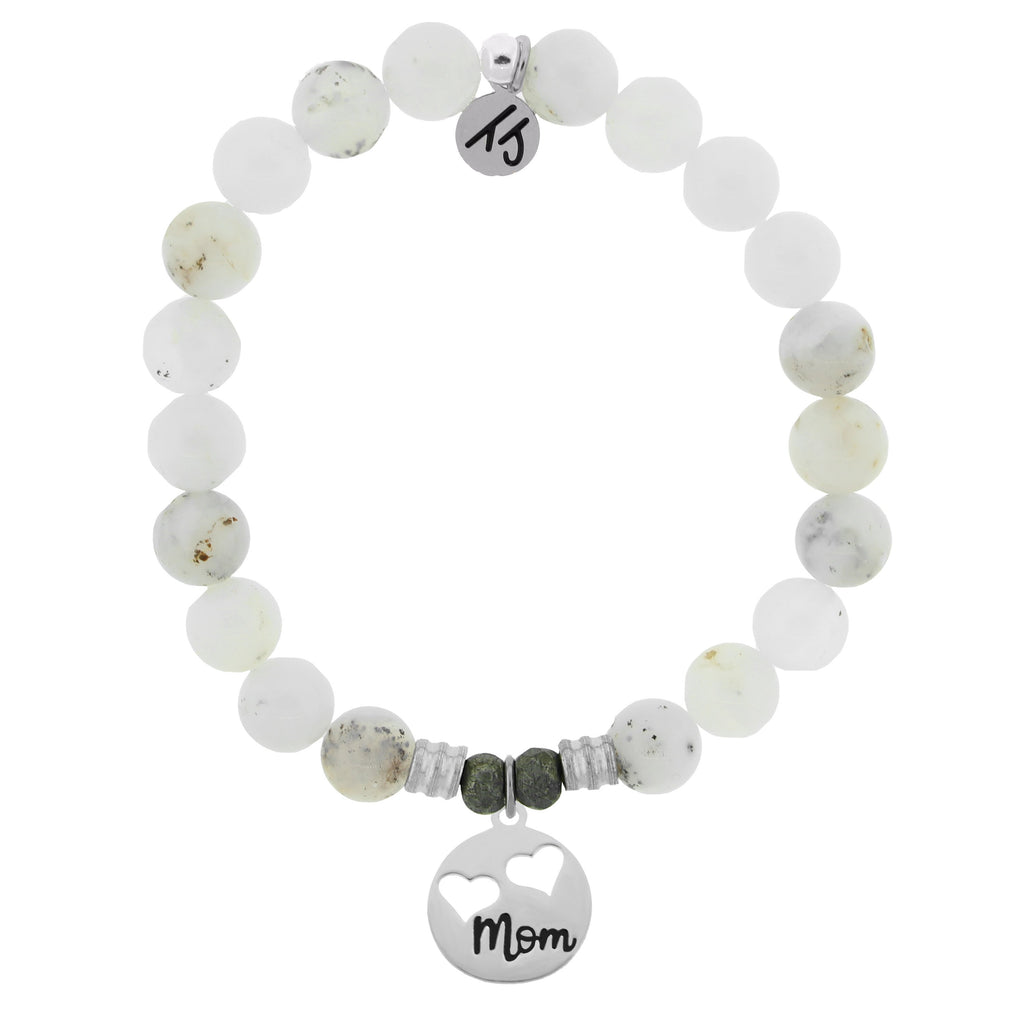 White Chalcedony Stone Bracelet with Mom... Sterling Silver Charm