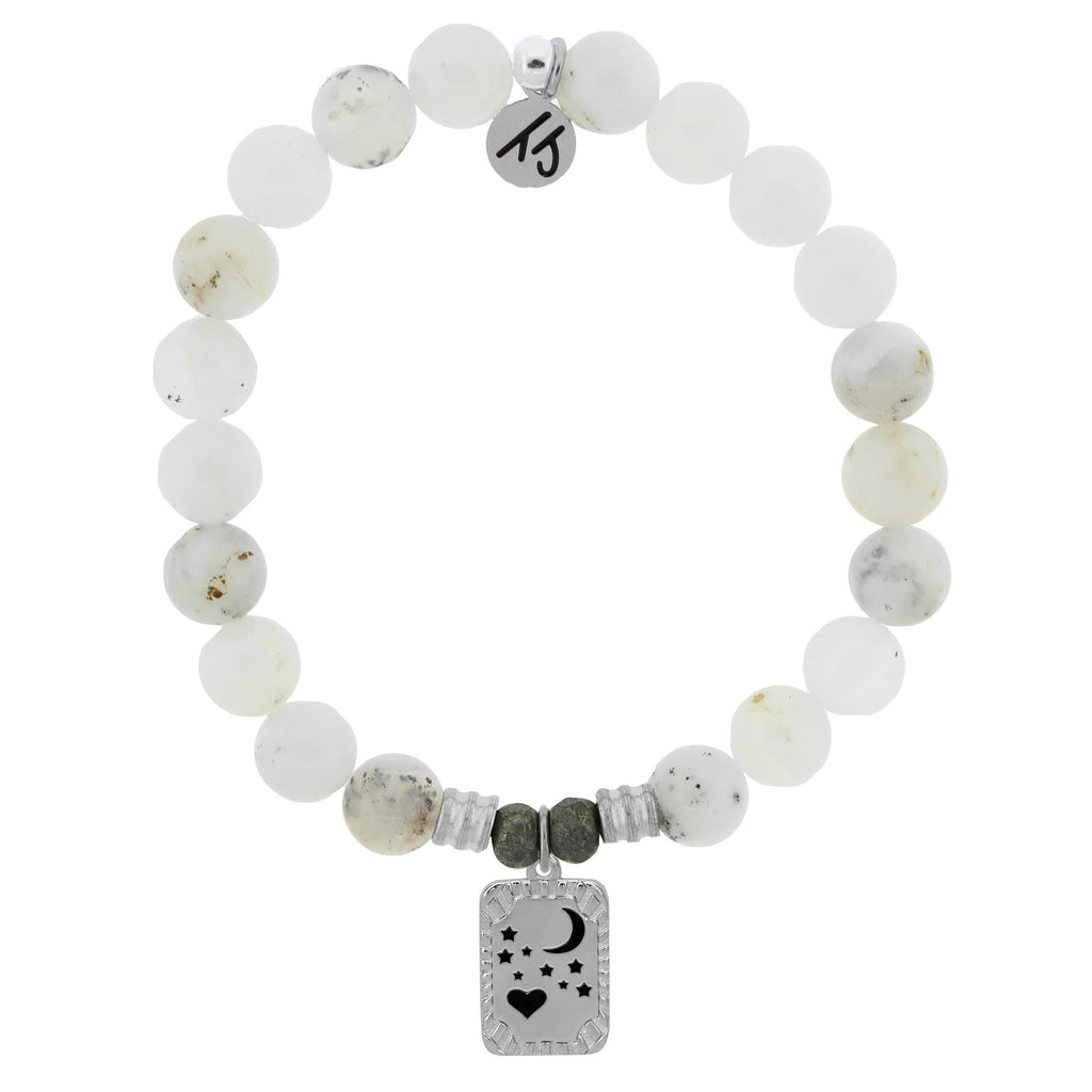 White Chalcedony Stone Bracelet with Moon and Back Sterling Silver Charm