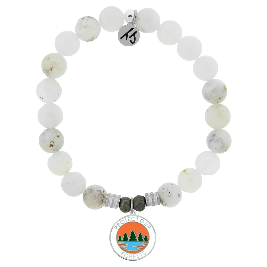 White Chalcedony Stone Bracelet with Protect our Forest Sterling Silver Charm