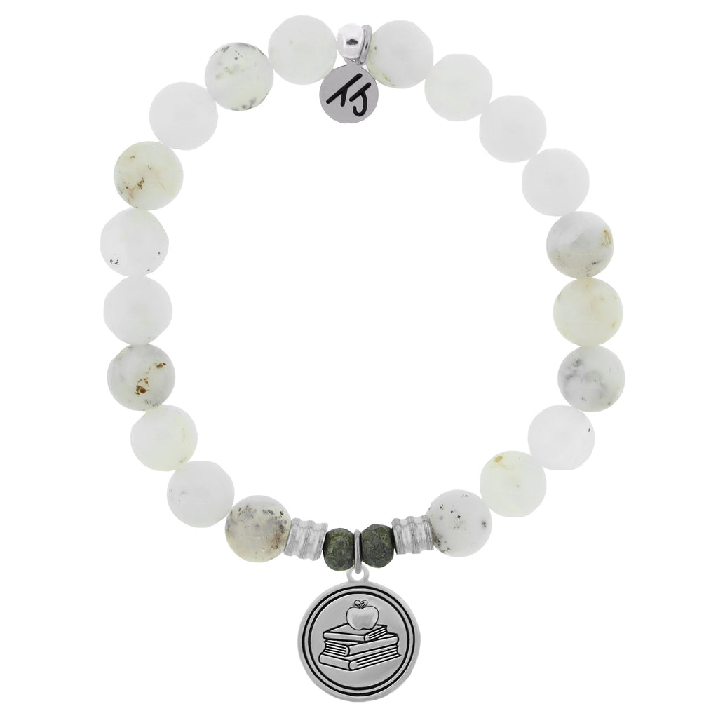 White Chalcedony Stone Bracelet with Teacher Sterling Silver Charm