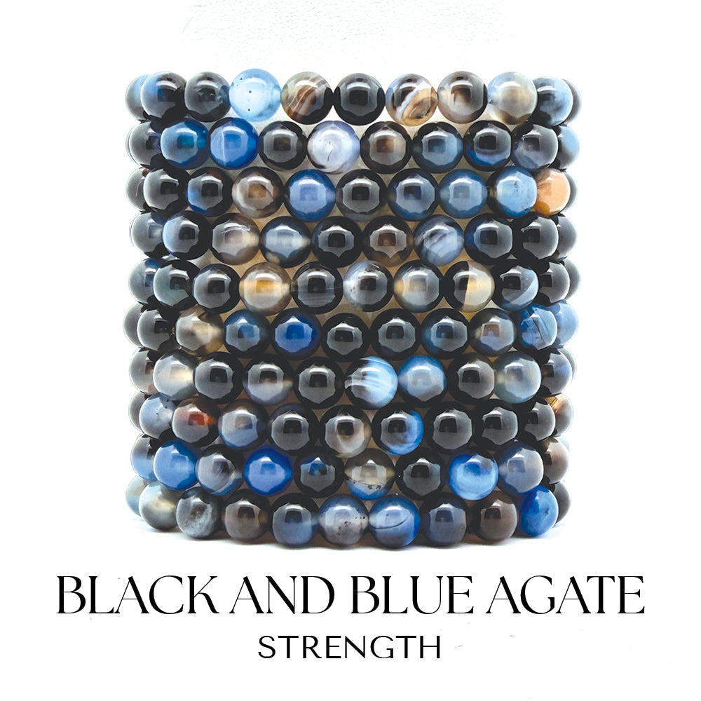 Black and Blue Agate Gemstone Bracelet Collection