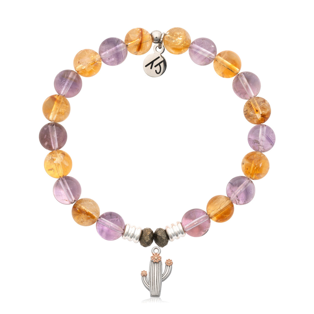 Amethyst Citrine Gemstone Bracelet with Cactus Cutout Sterling Silver Charm