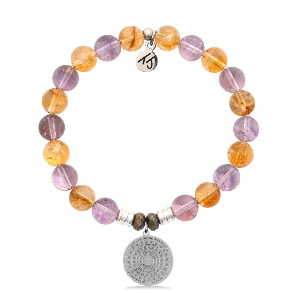 Amethyst Citrine Gemstone Bracelet with Family Circle Sterling Silver Charm