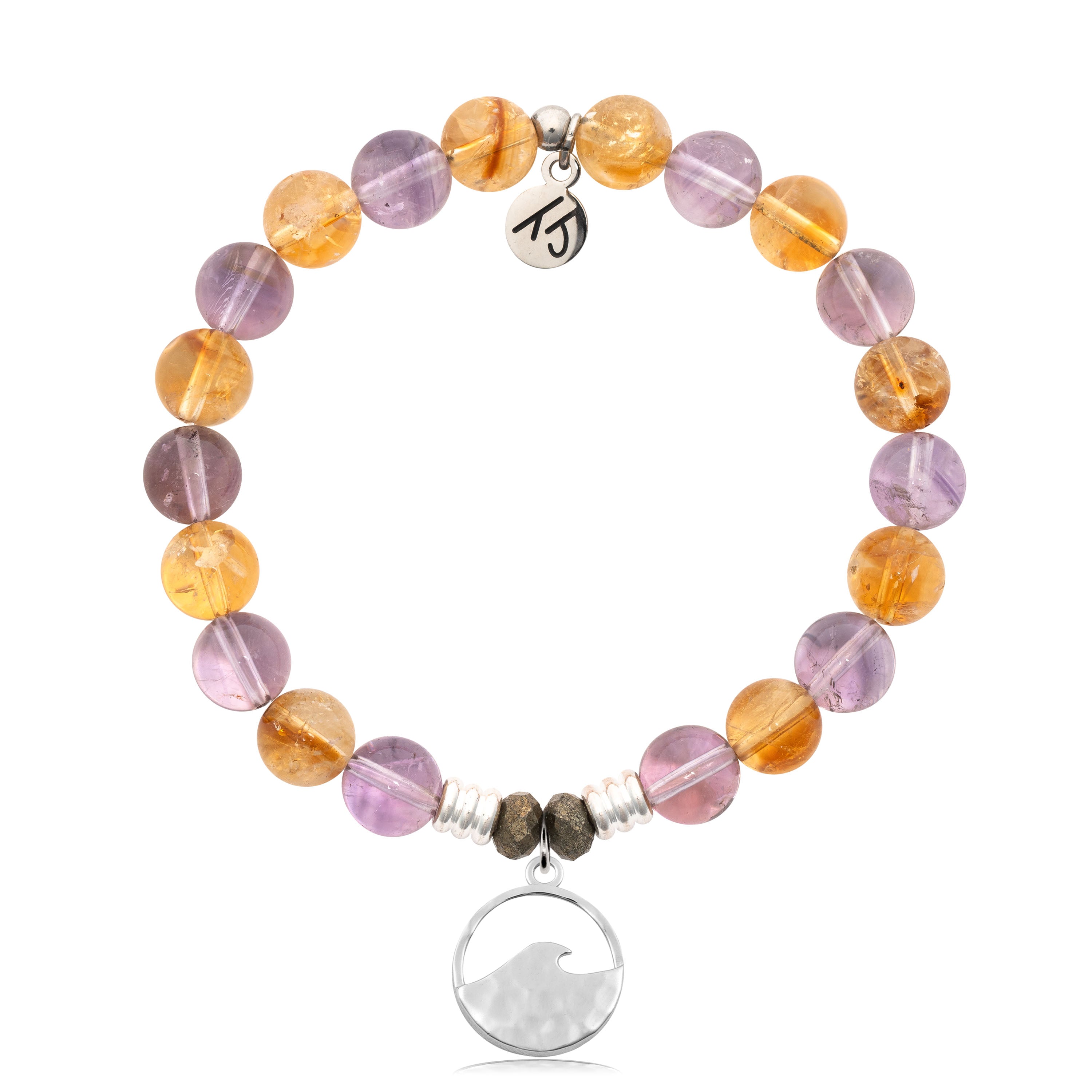 Amethyst Citrine Gemstone Bracelet with Hammered Waves Sterling Silver Charm