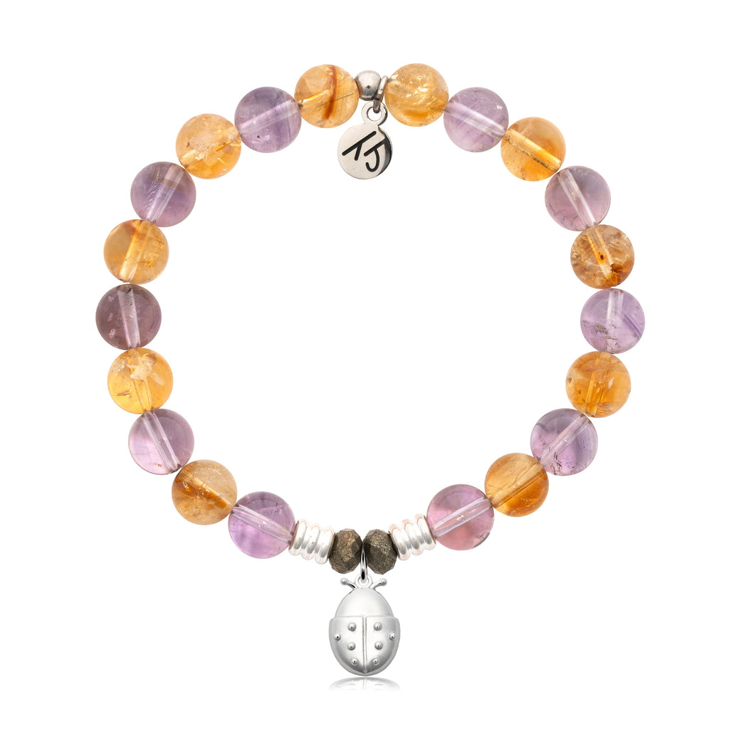 Amethyst Citrine Gemstone Bracelet with Ladybug Sterling Silver Charm