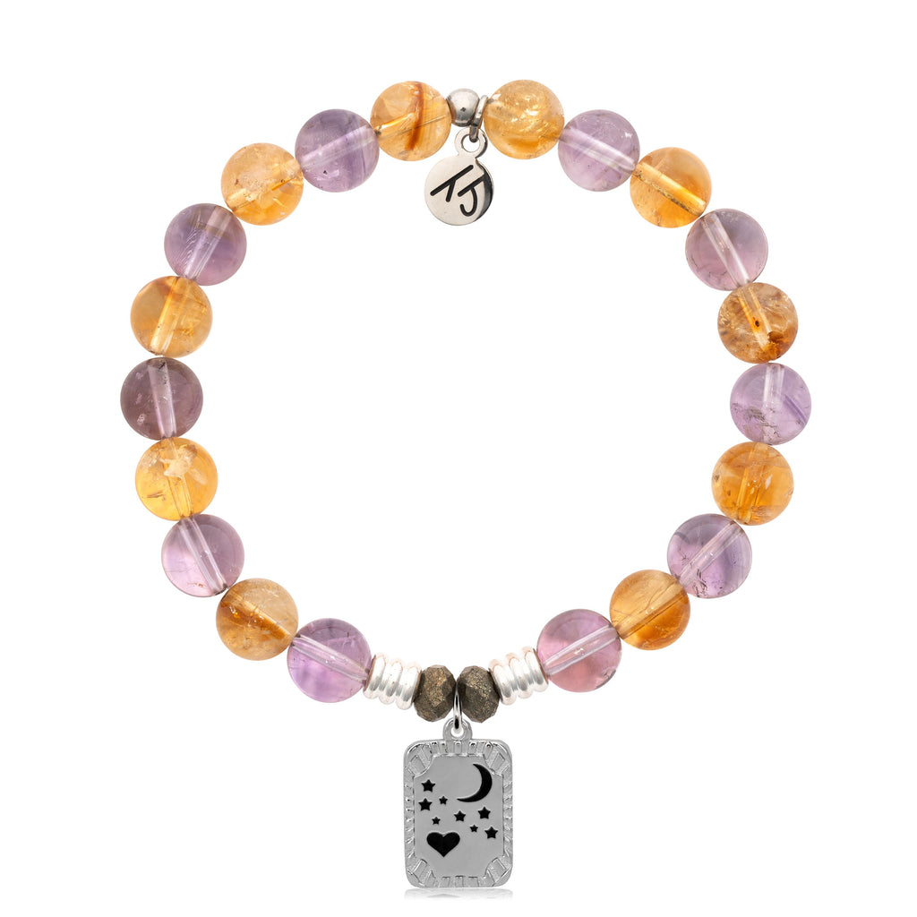 Amethyst Citrine Gemstone Bracelet with Moon and Back Sterling Silver Charm