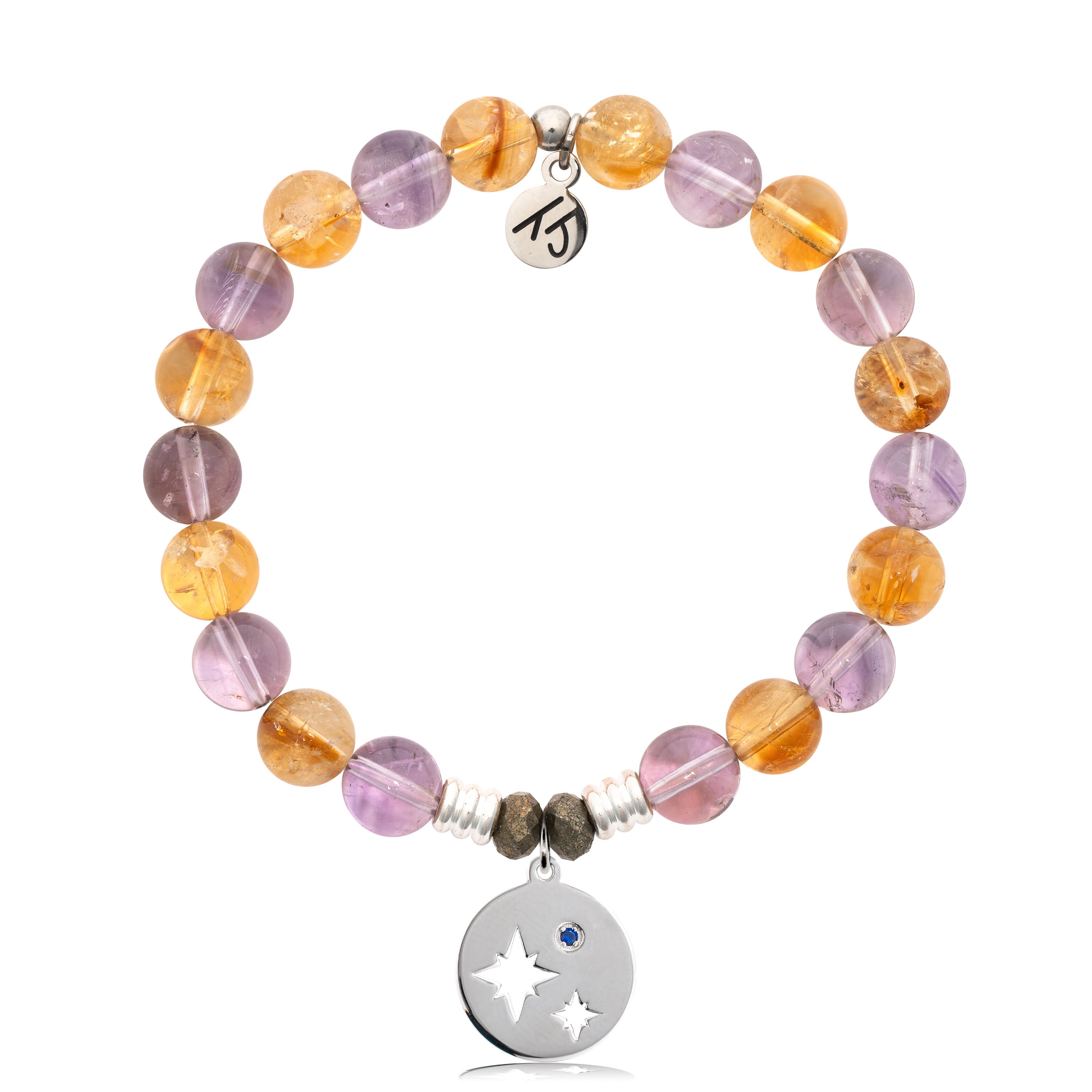 Amethyst Citrine Gemstone Bracelet with Mother Son Sterling Silver Charm
