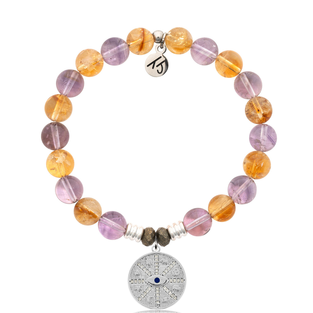 Amethyst Citrine Gemstone Bracelet with Protection Sterling Silver Charm