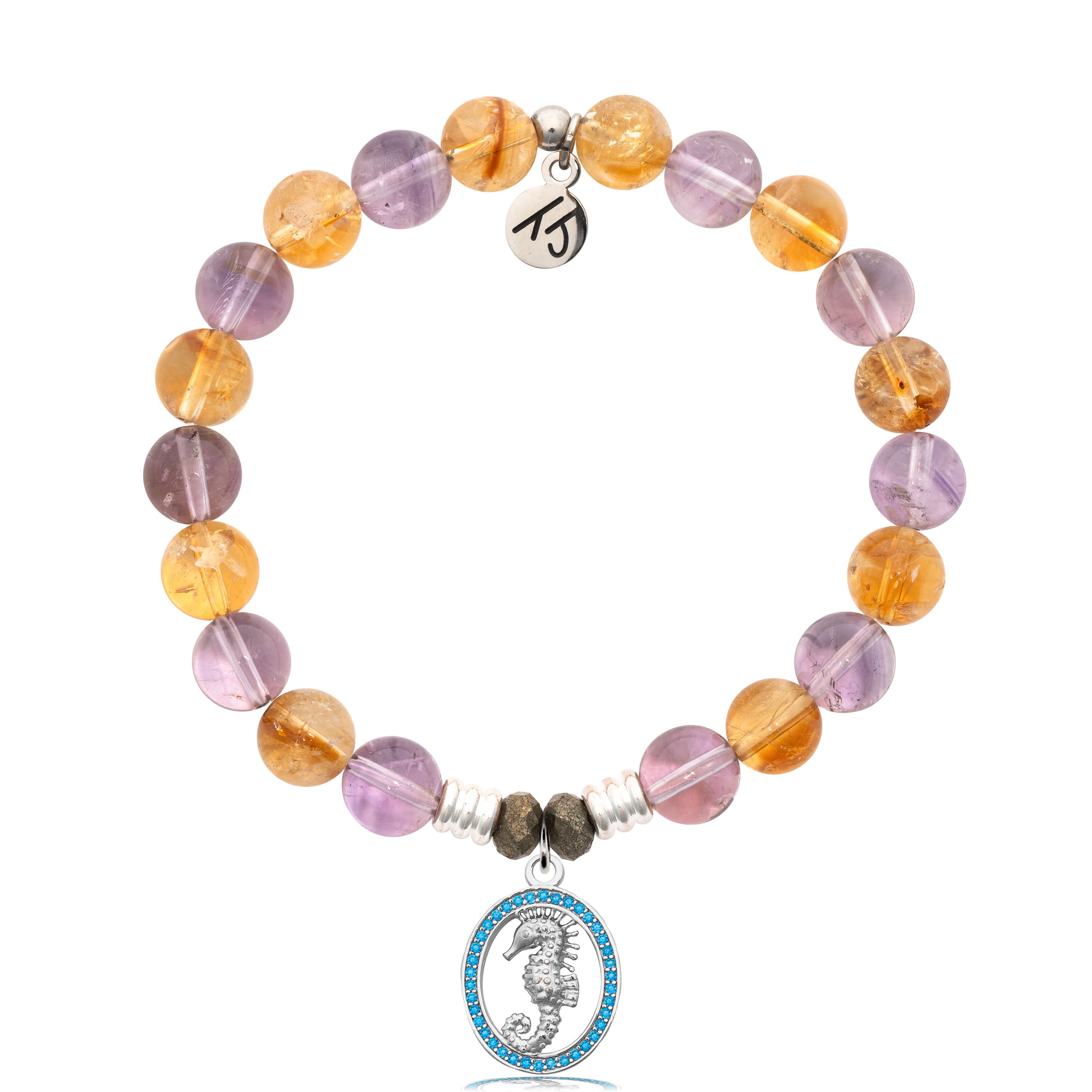 Amethyst Citrine Gemstone Bracelet with Seahorse Sterling Silver Charm