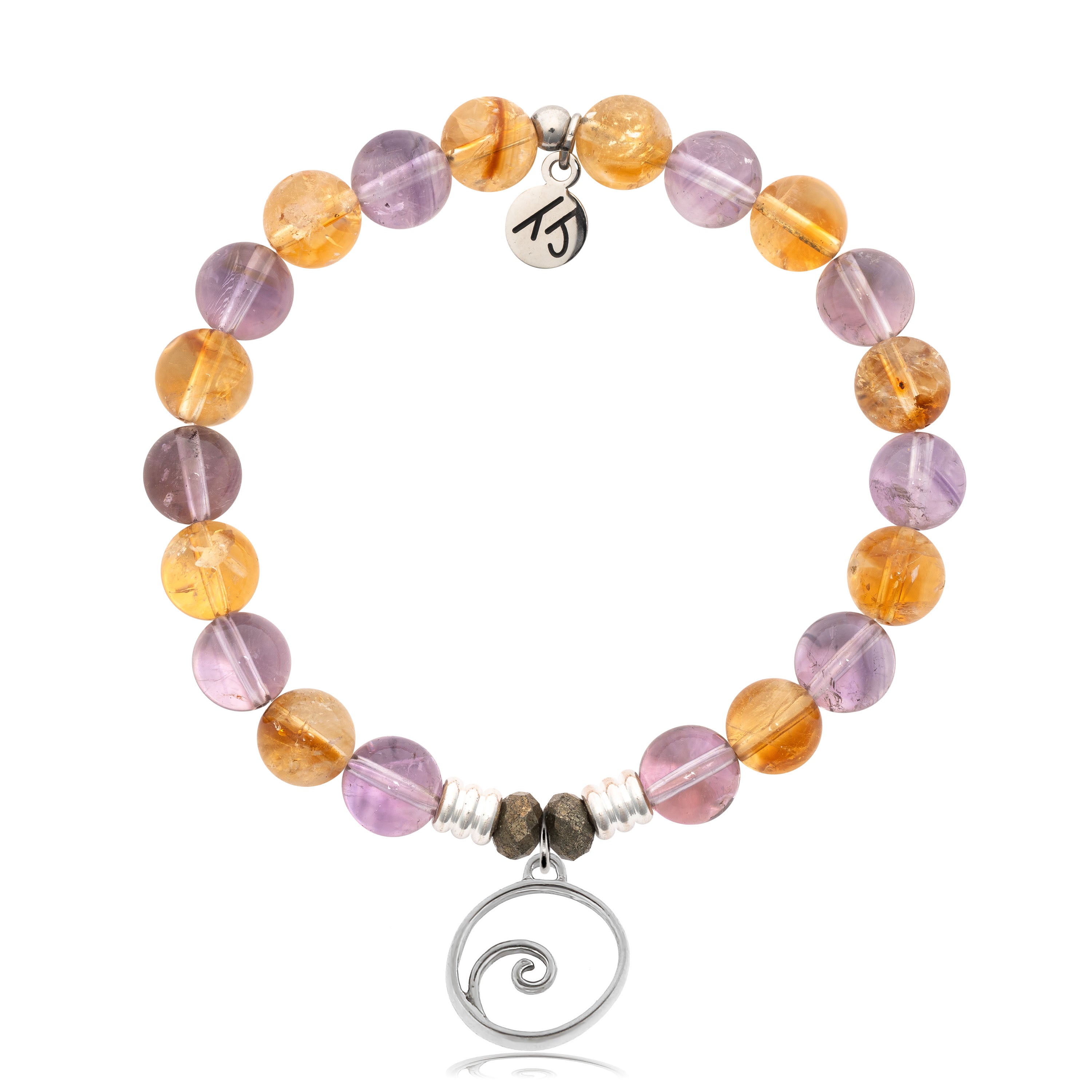 Amethyst Citrine Gemstone Bracelet with Wave Sterling Silver Charm