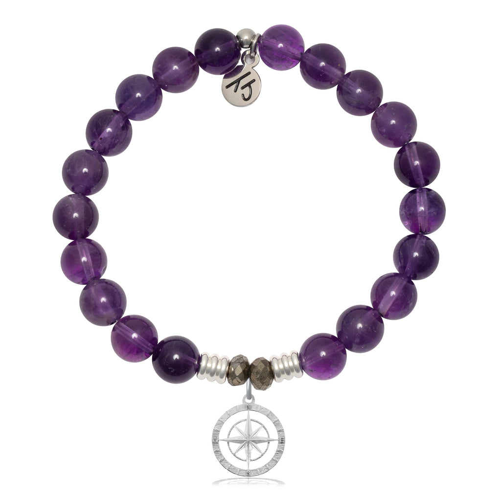 Amethyst Gemstone Bracelet with Compass Rose Sterling Silver Charm