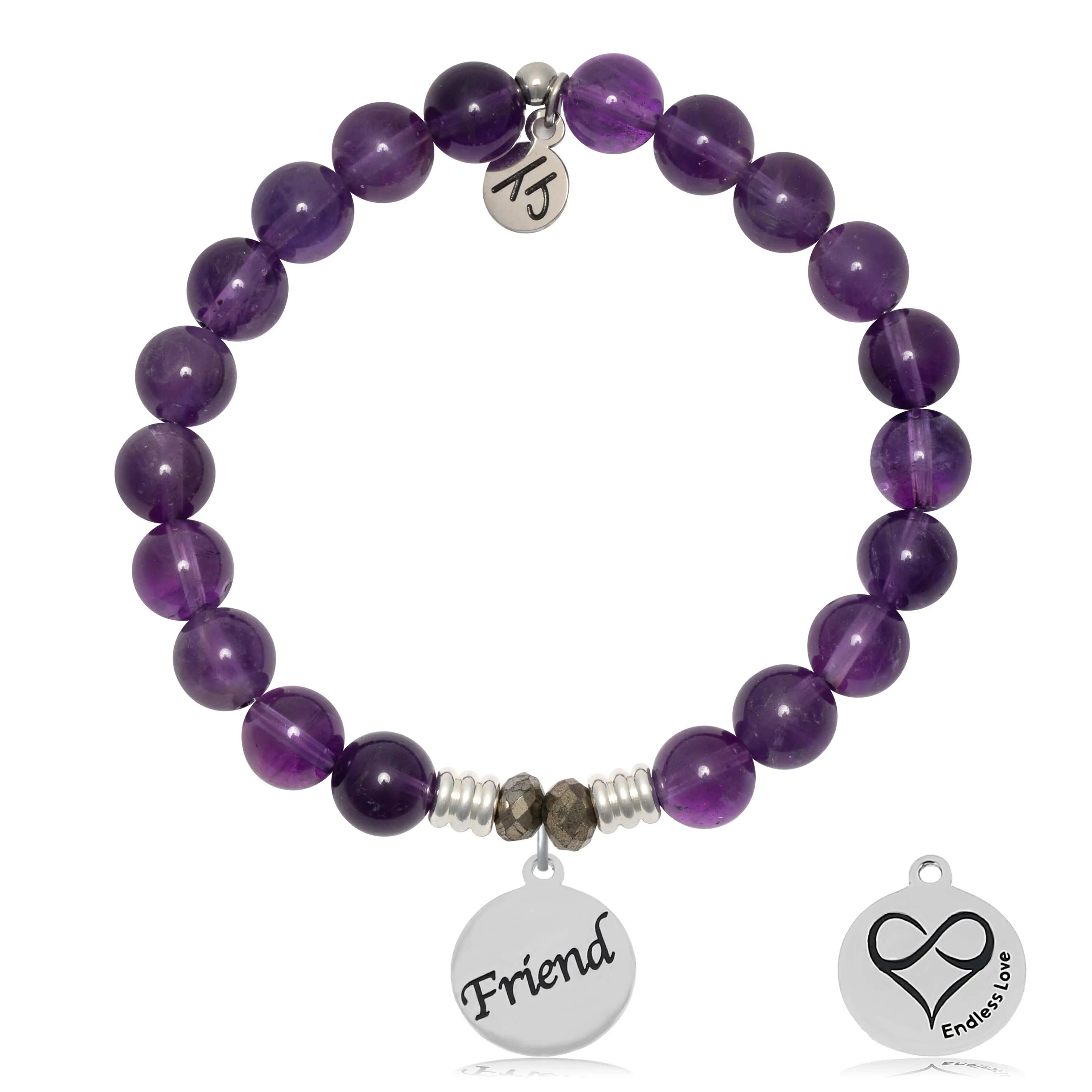 Amethyst Gemstone Bracelet with Friend Sterling Silver Charm