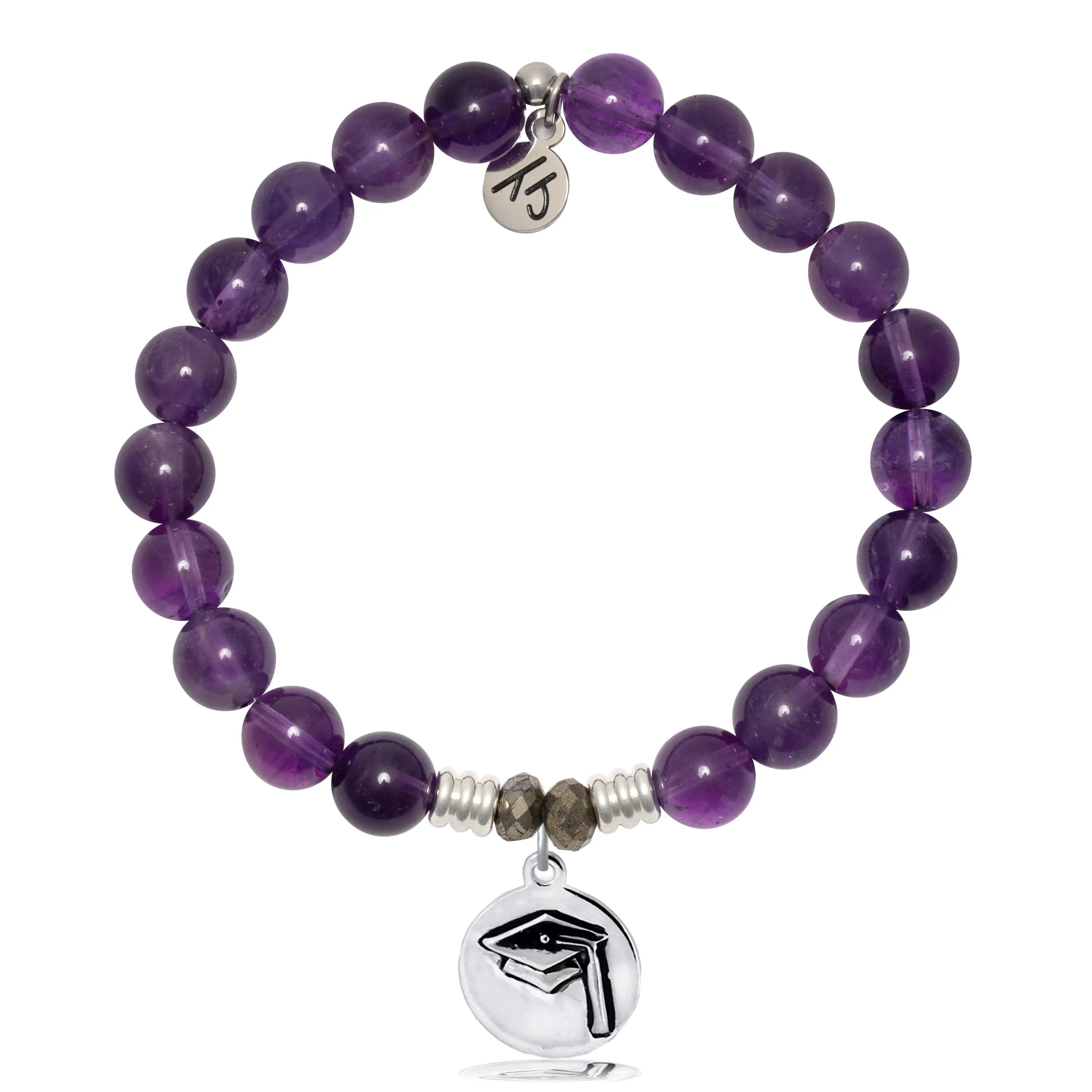 Amethyst Gemstone Bracelet with Grad Cap Sterling Silver Charm