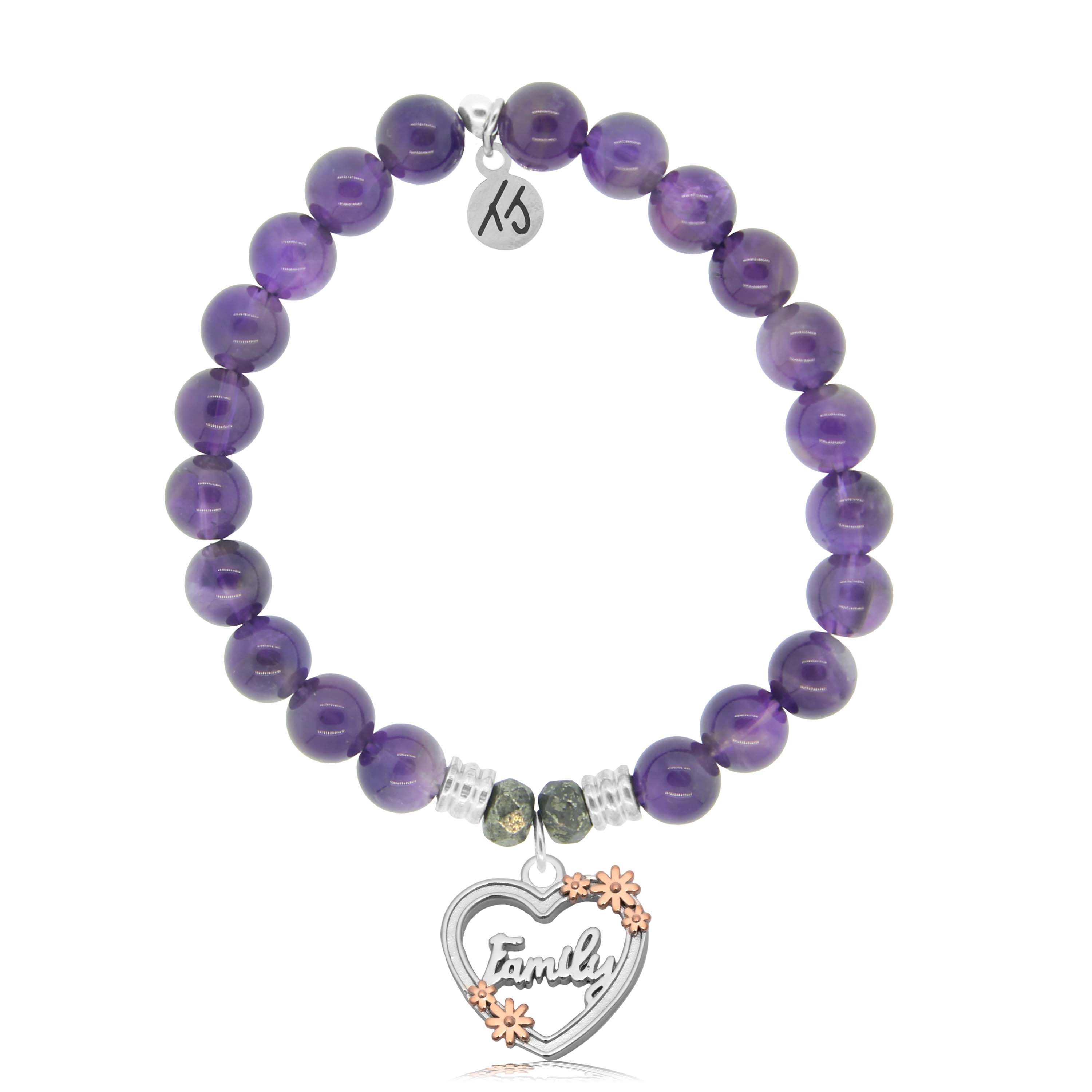 Amethyst Gemstone Bracelet with Heart Family Sterling Silver Charm