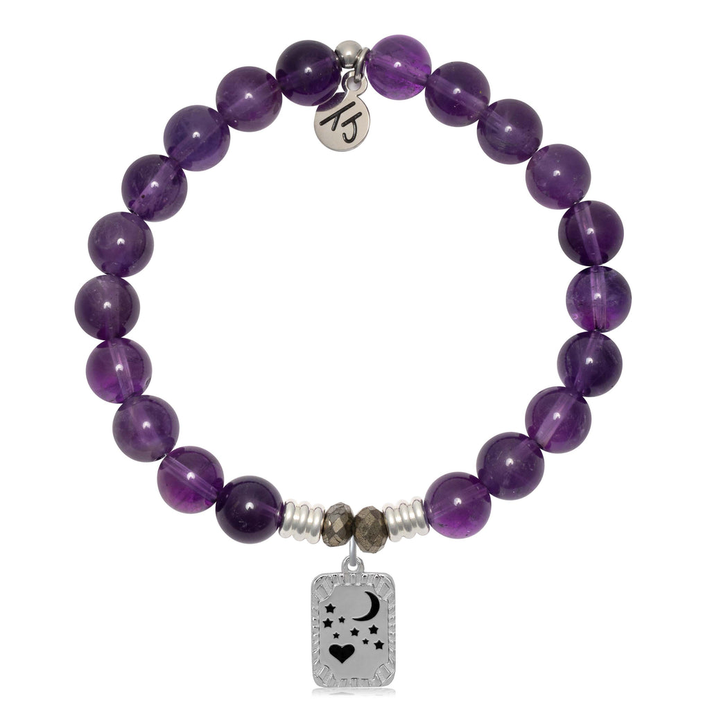 Amethyst Gemstone Bracelet with Moon and Back Sterling Silver Charm
