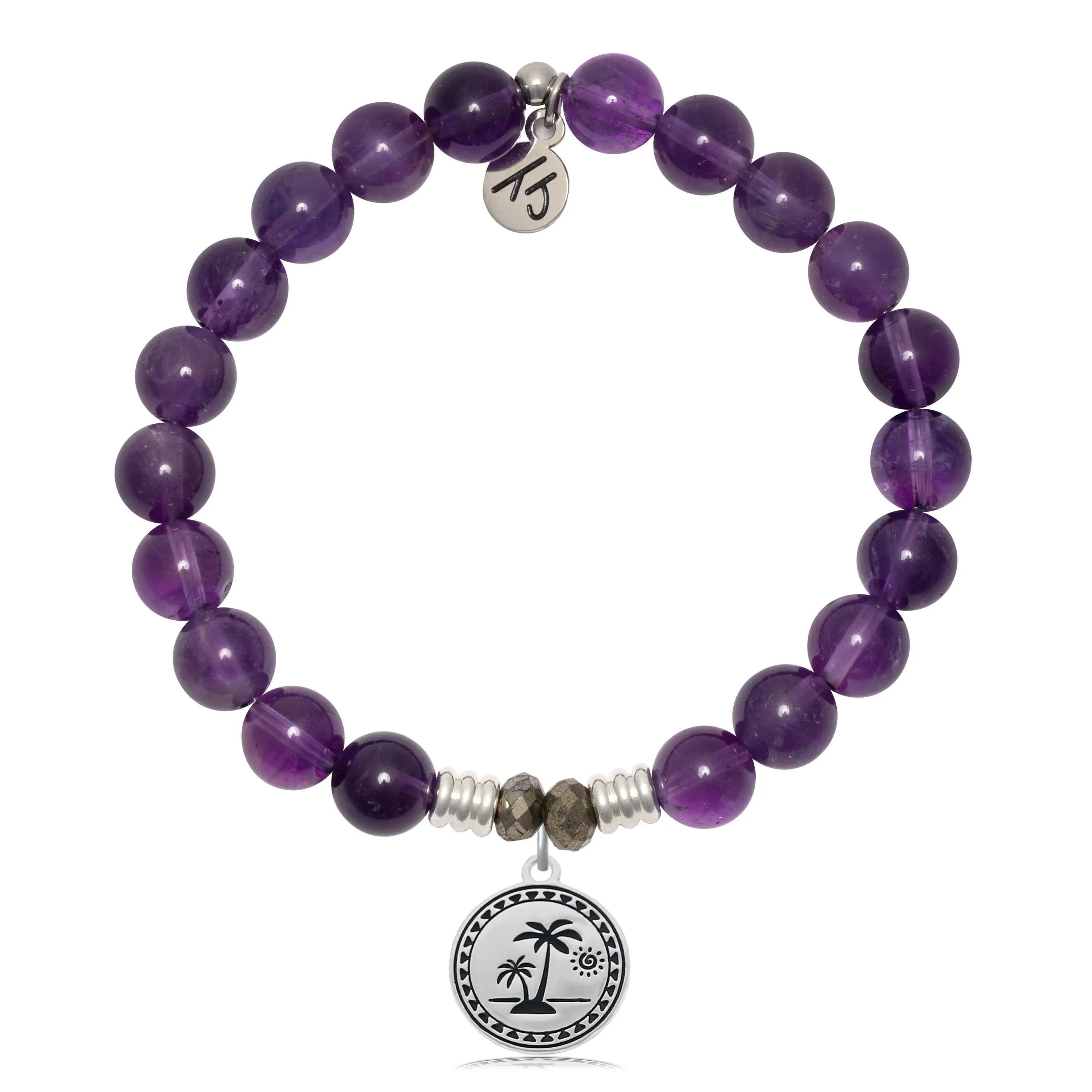 Amethyst Gemstone Bracelet with Palm Tree Sterling Silver Charm