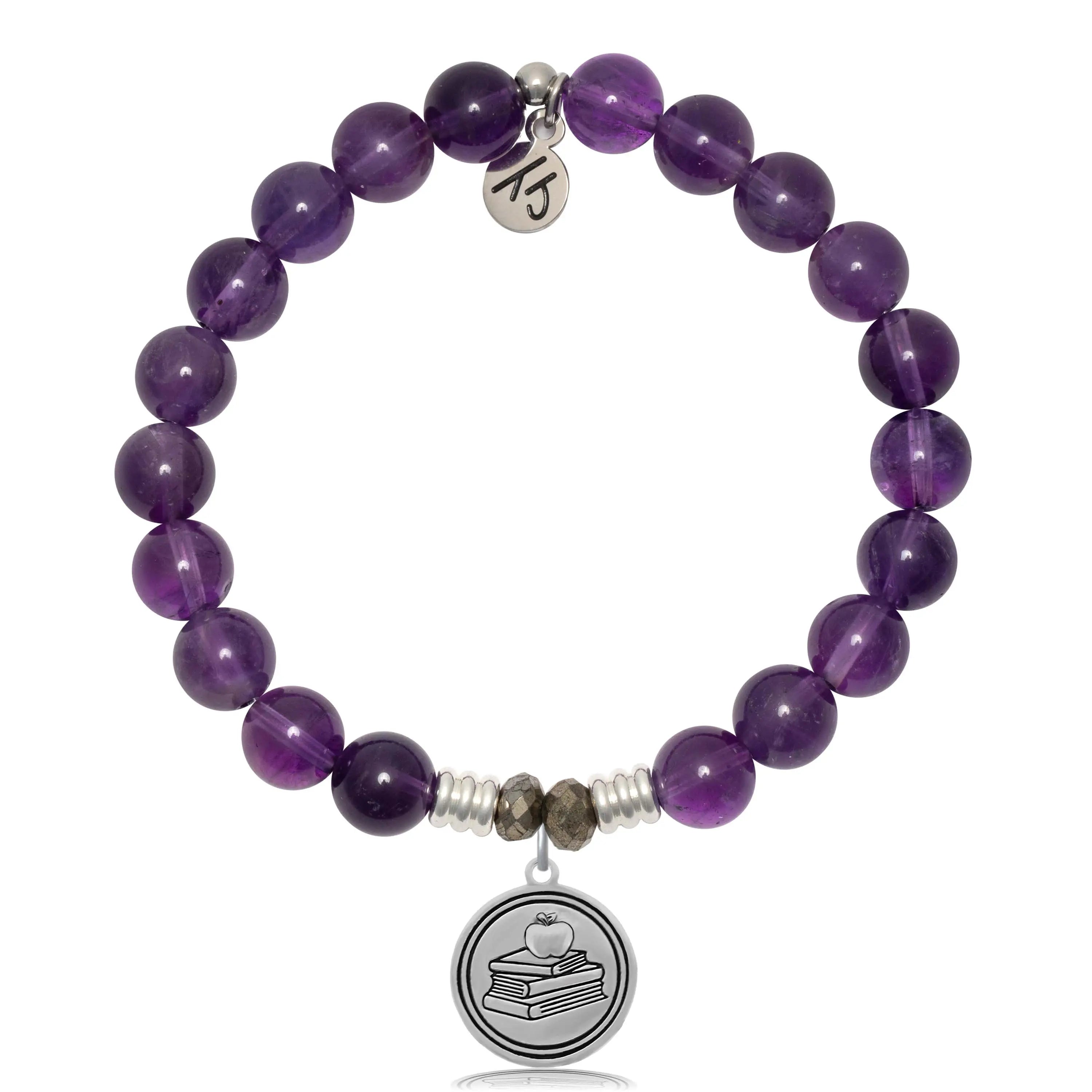 Amethyst Gemstone Bracelet with Teacher Sterling Silver Charm