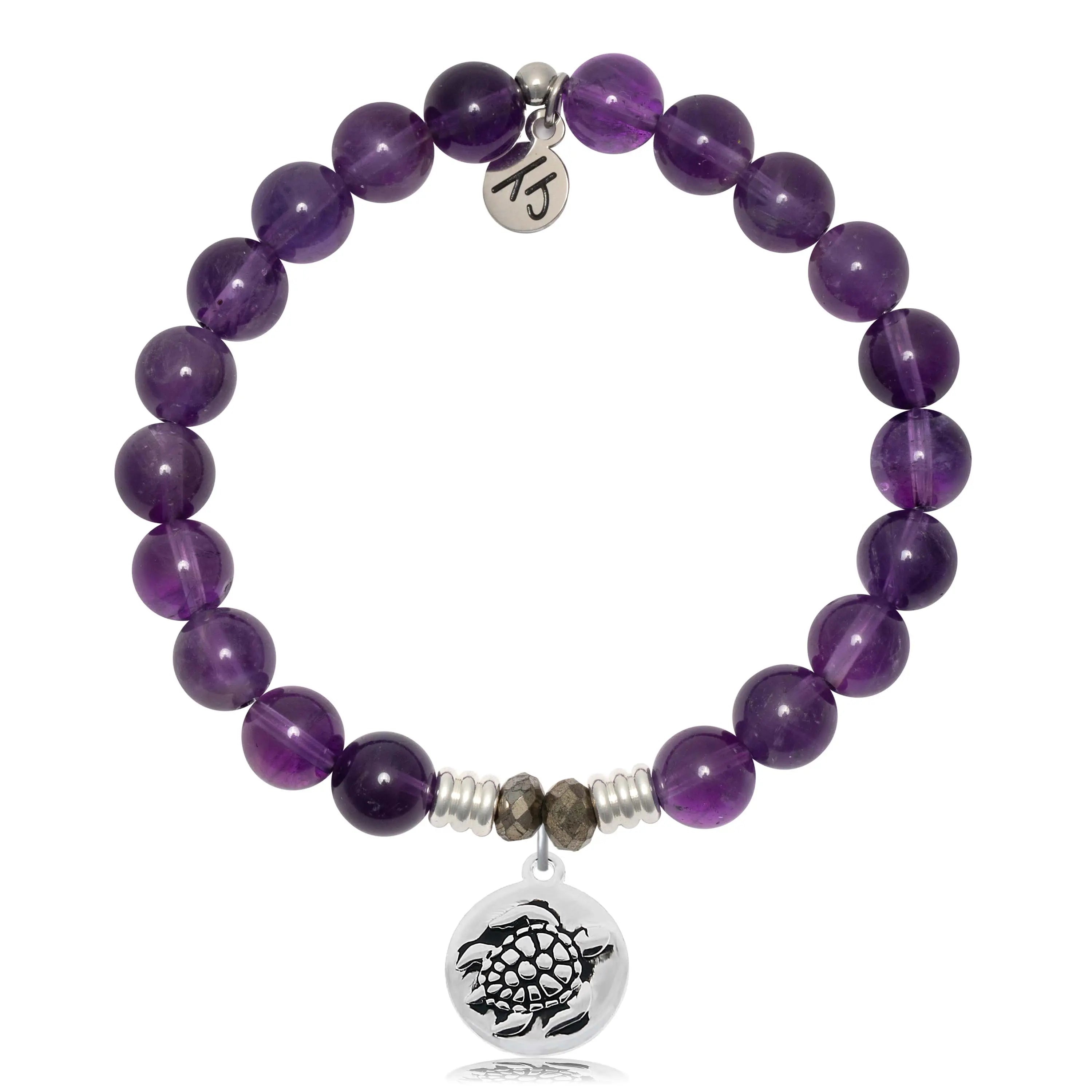 Amethyst Gemstone Bracelet with Turtle Sterling Silver Charm