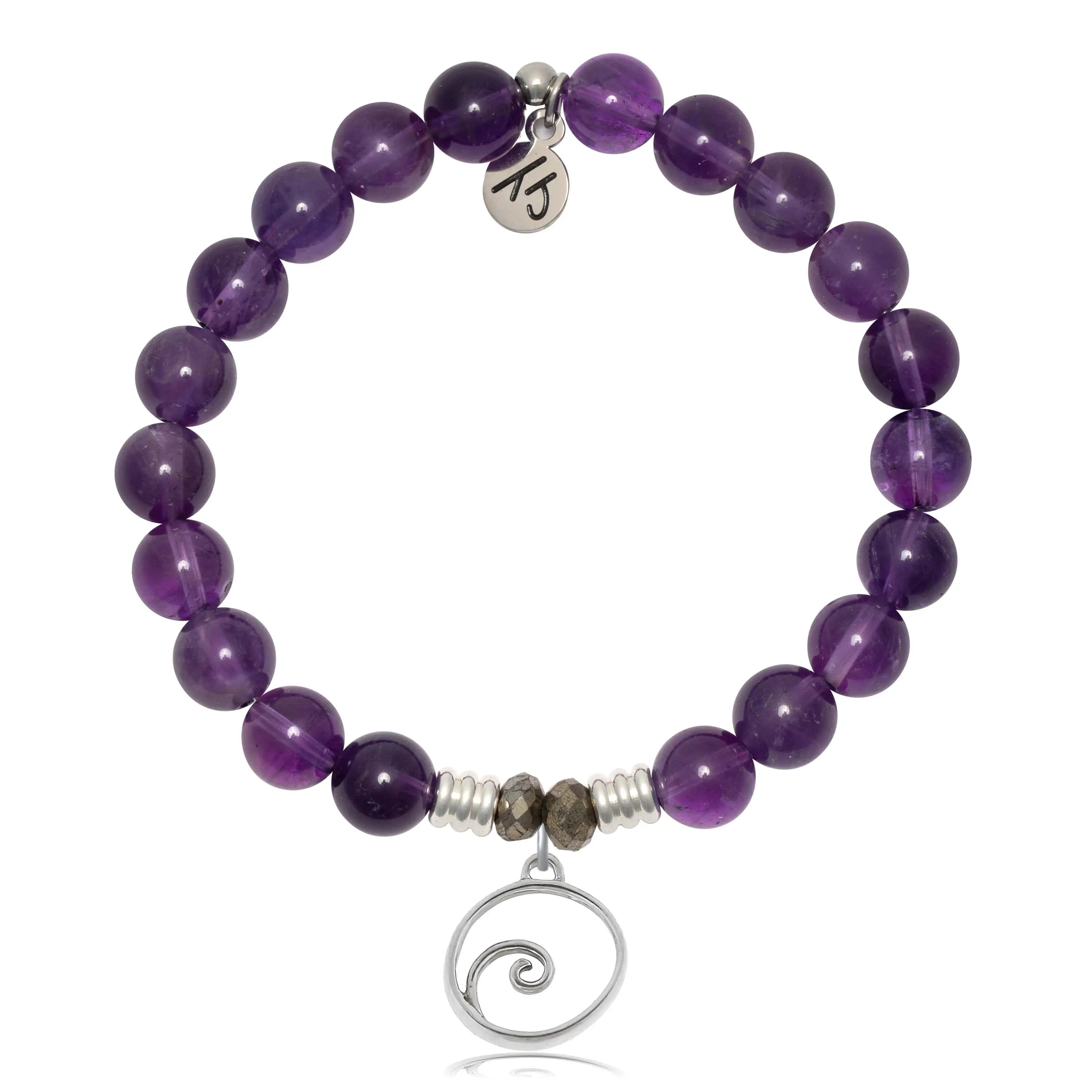Amethyst Gemstone Bracelet with Wave Sterling Silver Charm