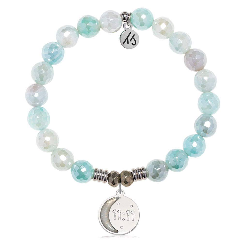 Aqua Agate Gemstone Bracelet with 11:11 Sterling Silver Charm