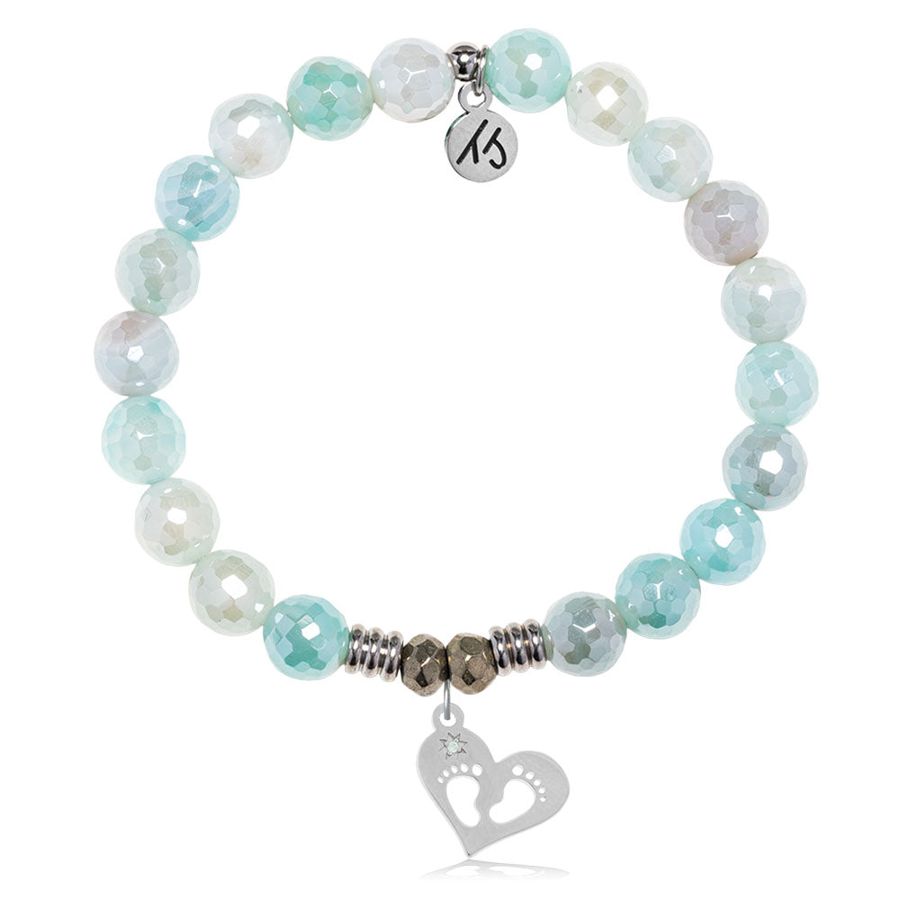 Aqua Agate Gemstone Bracelet with Baby Feet Sterling Silver Charm