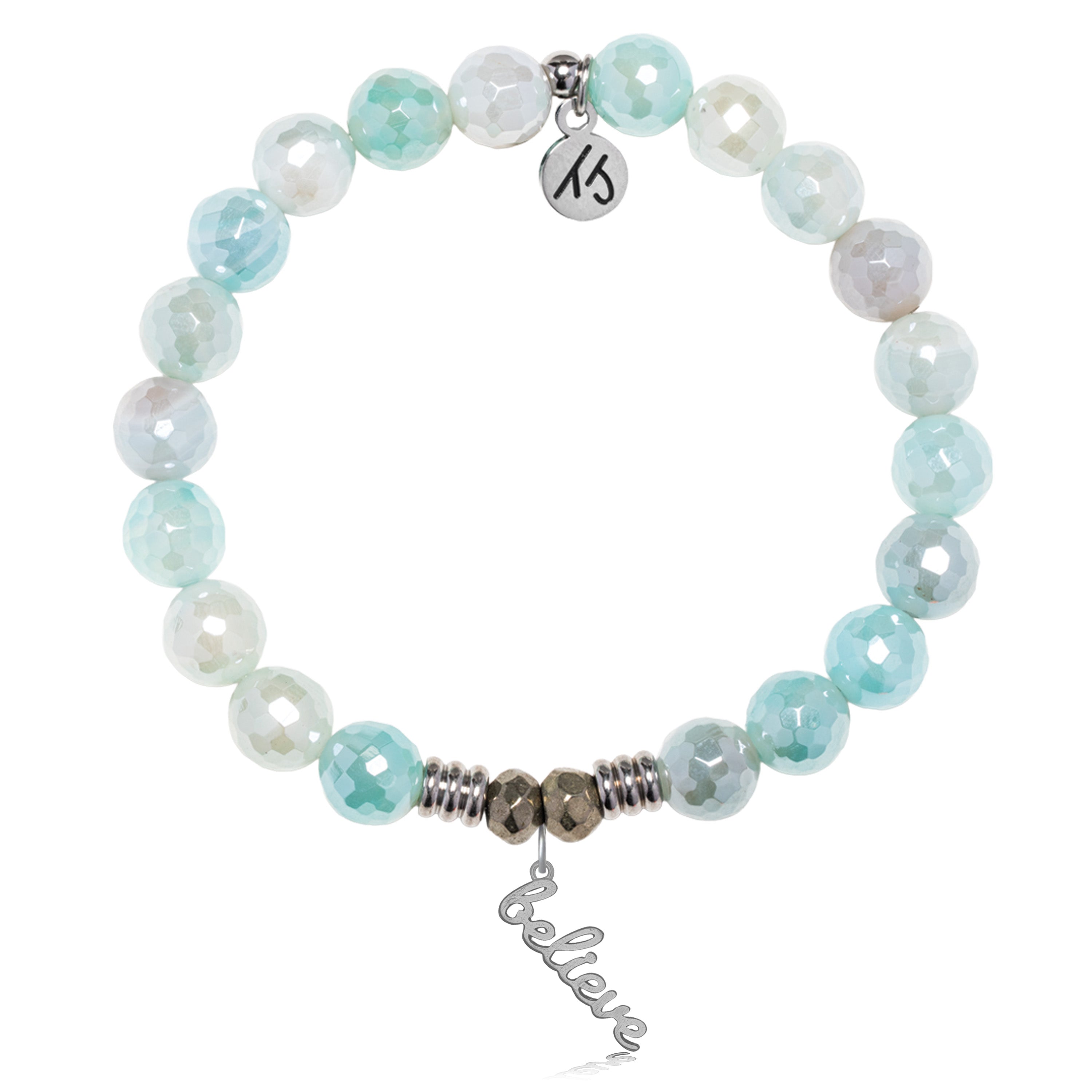 Aqua Agate Gemstone Bracelet with Believe Sterling Silver Charm