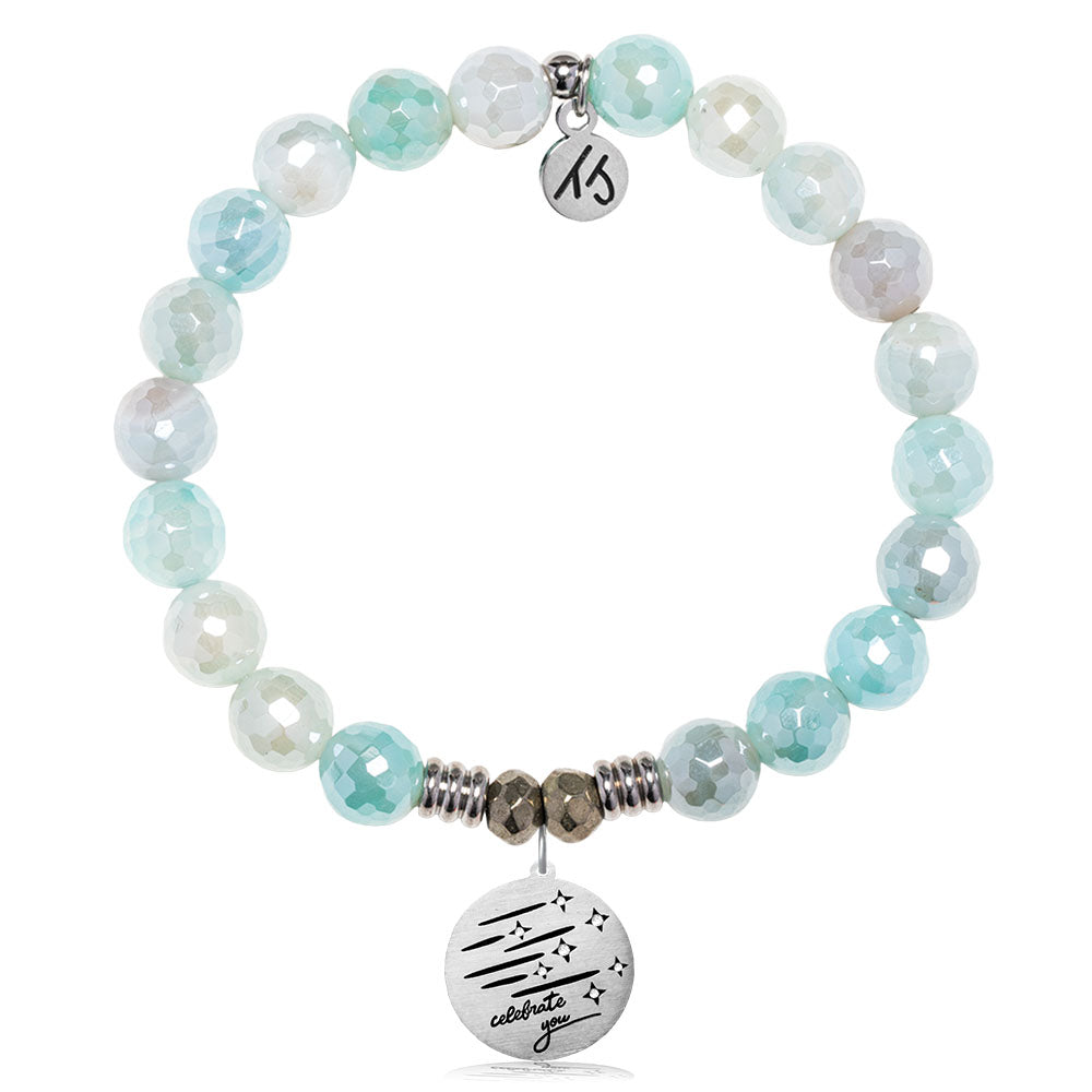 Aqua Agate Gemstone Bracelet with Birthday Wishes Sterling Silver Charm