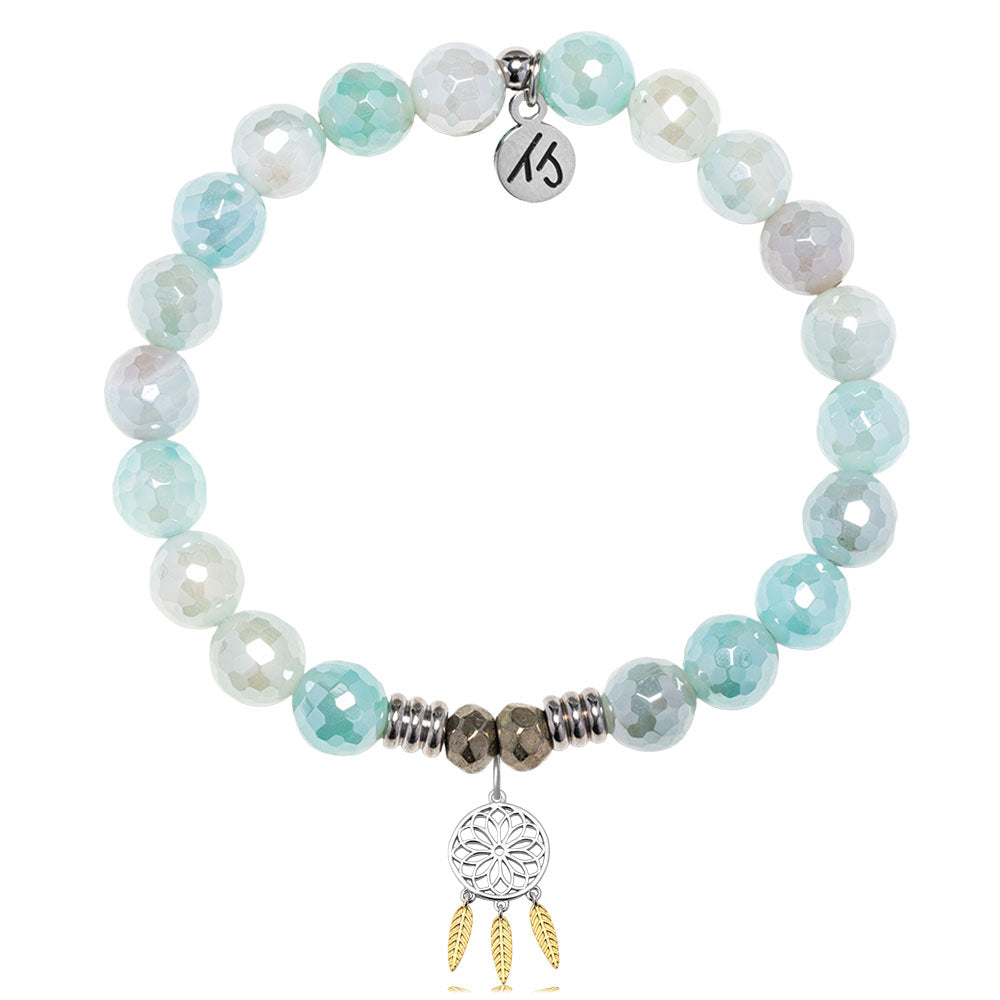 Aqua Agate Gemstone Bracelet with Dream Catcher Sterling Silver Charm