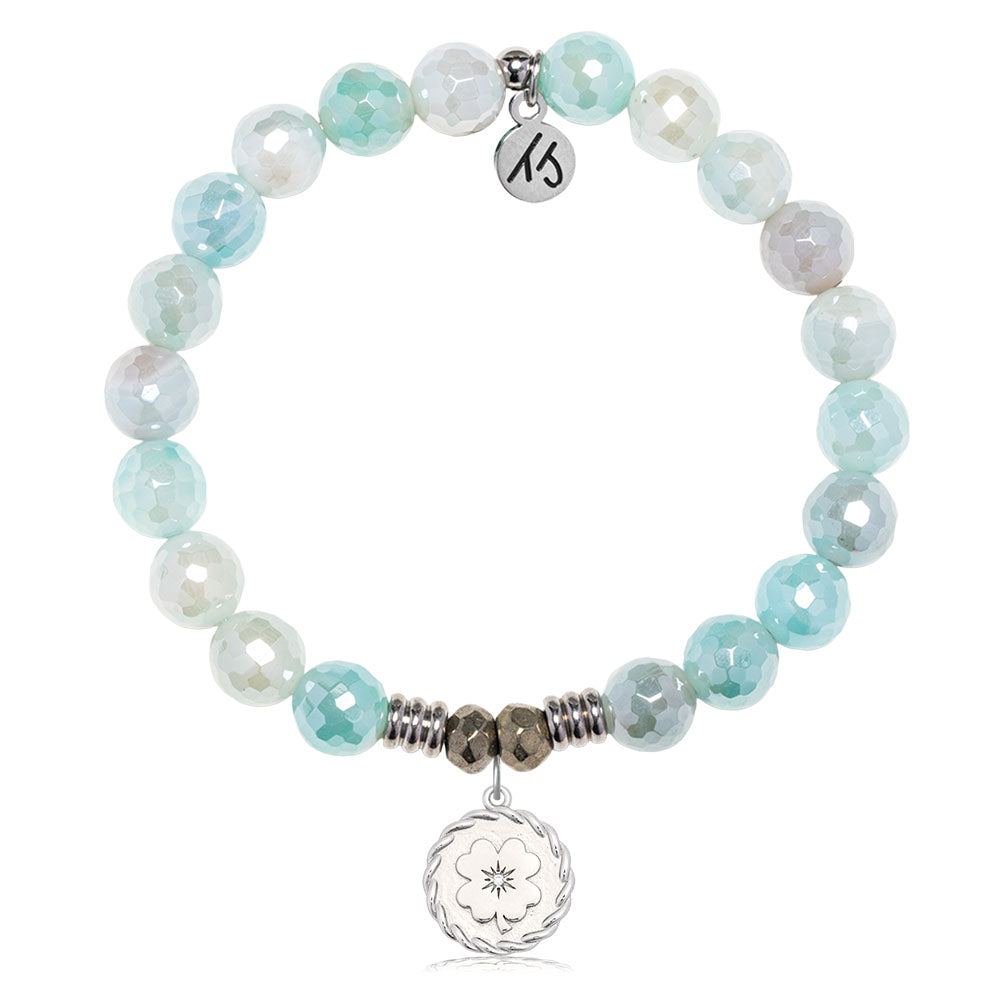 Aqua Agate Gemstone Bracelet with Four Leaf Clover Sterling Silver Charm