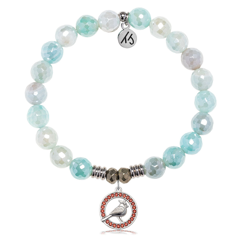 Aqua Agate Gemstone Bracelet with Garnet Cardinal CZ Sterling Silver Charm